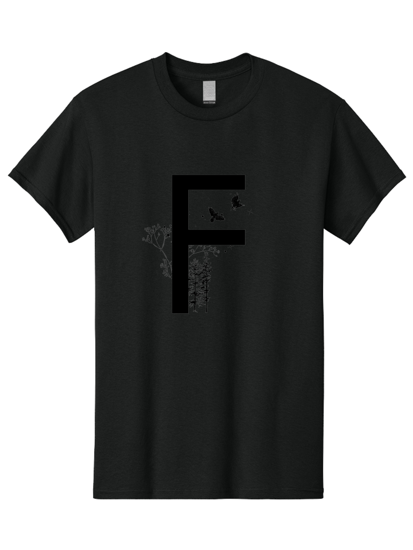 F Men'S Graphic Tee, 100% Cotton, Comfortable Casual Summer Wear, Machine Washable, Stylized Letter F, Black Typography, Nature Elements, Flowers, Trees, Birds In Flight, Natural Scenery, Forest Landscape, Artistic Design, Creative Typography Aac306