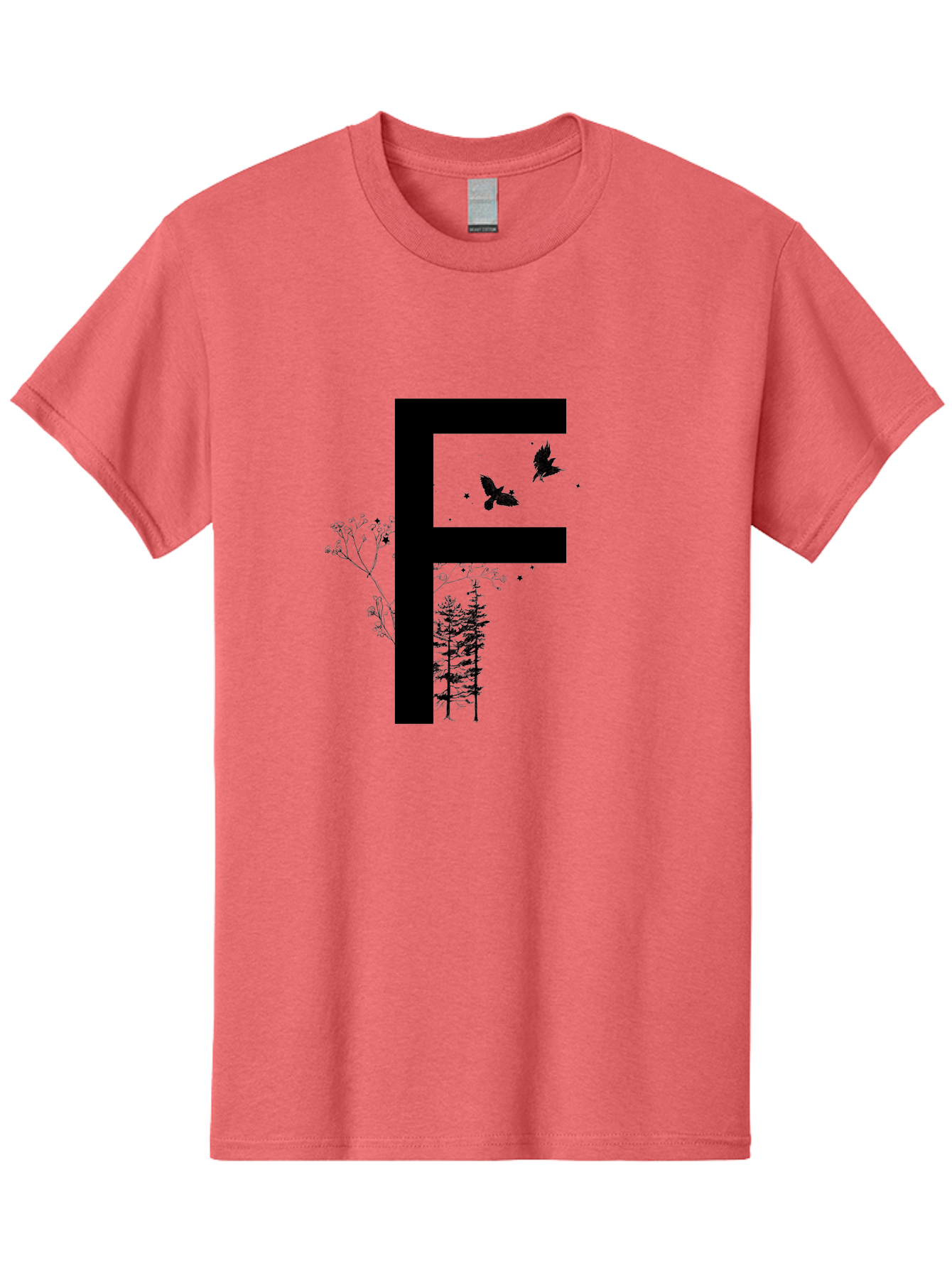 F Men'S Graphic Tee, 100% Cotton, Comfortable Casual Summer Wear, Machine Washable, Stylized Letter F, Black Typography, Nature Elements, Flowers, Trees, Birds In Flight, Natural Scenery, Forest Landscape, Artistic Design, Creative Typography Aac306