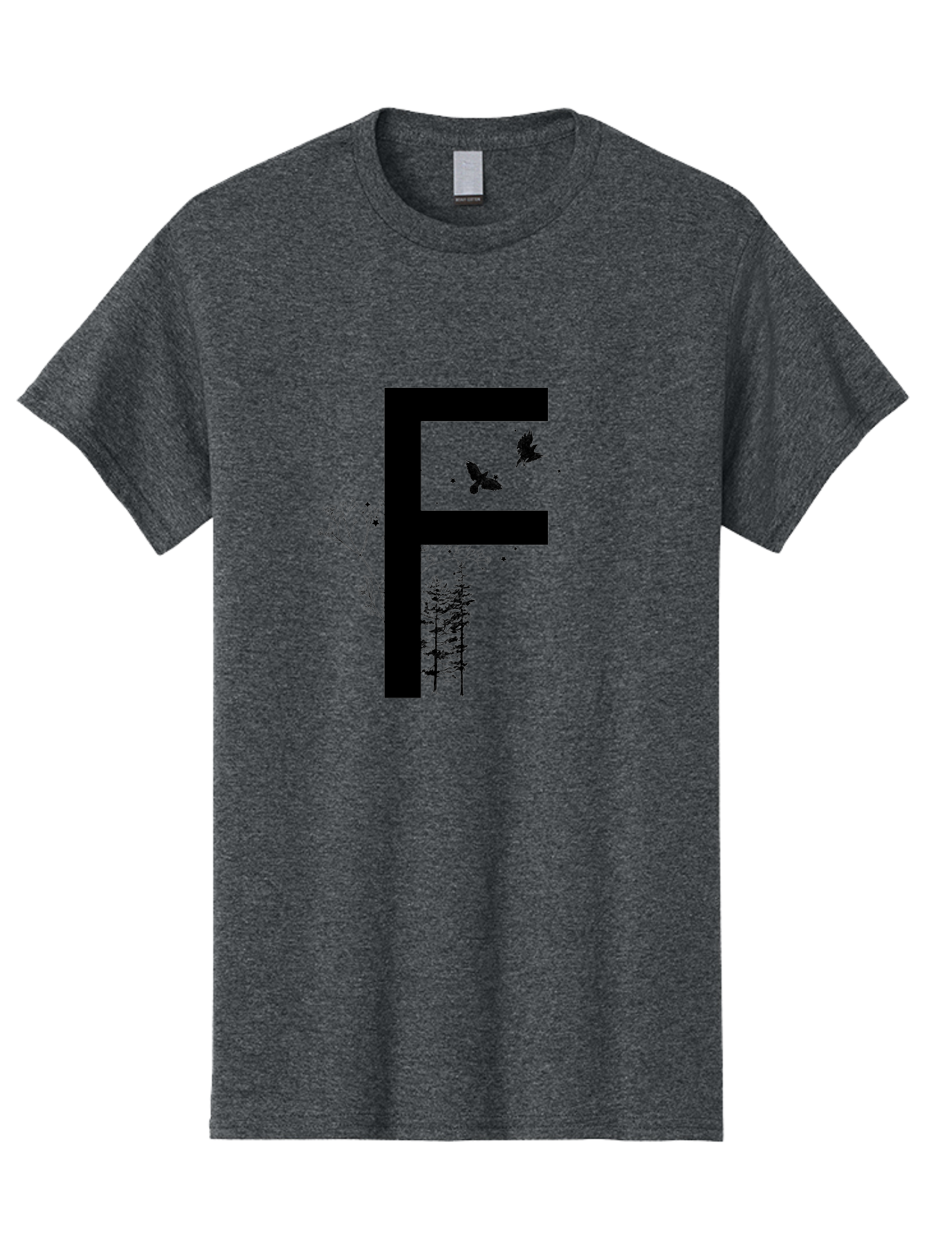 F Men'S Graphic Tee, 100% Cotton, Comfortable Casual Summer Wear, Machine Washable, Stylized Letter F, Black Typography, Nature Elements, Flowers, Trees, Birds In Flight, Natural Scenery, Forest Landscape, Artistic Design, Creative Typography Aac306