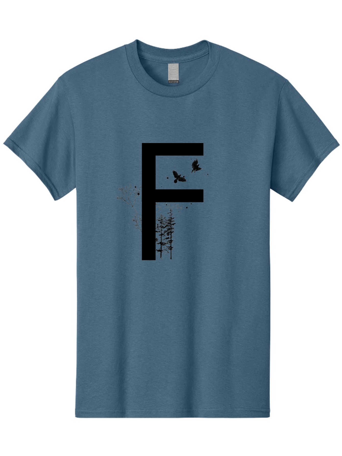 F Men'S Graphic Tee, 100% Cotton, Comfortable Casual Summer Wear, Machine Washable, Stylized Letter F, Black Typography, Nature Elements, Flowers, Trees, Birds In Flight, Natural Scenery, Forest Landscape, Artistic Design, Creative Typography Aac306