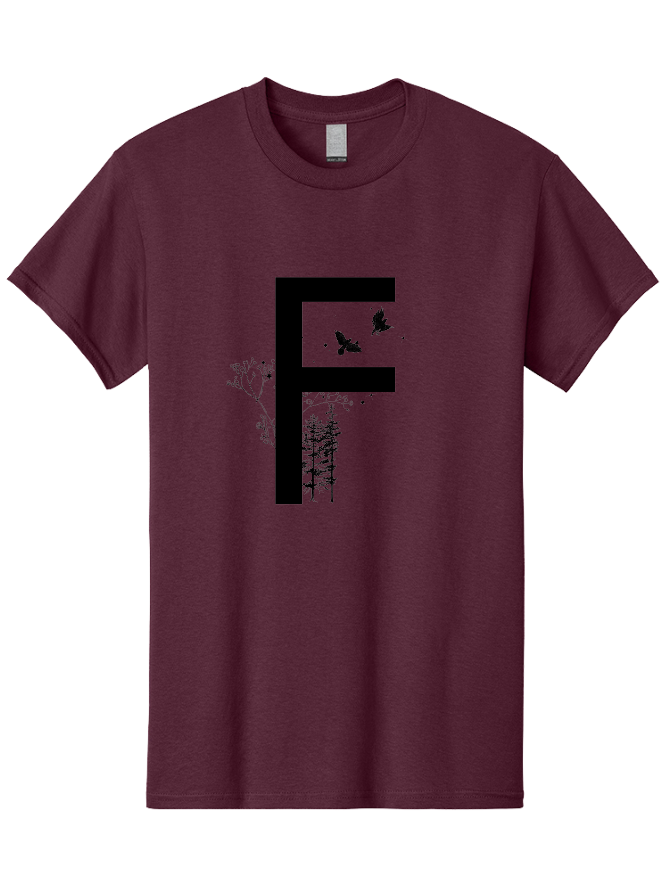 F Men'S Graphic Tee, 100% Cotton, Comfortable Casual Summer Wear, Machine Washable, Stylized Letter F, Black Typography, Nature Elements, Flowers, Trees, Birds In Flight, Natural Scenery, Forest Landscape, Artistic Design, Creative Typography Aac306