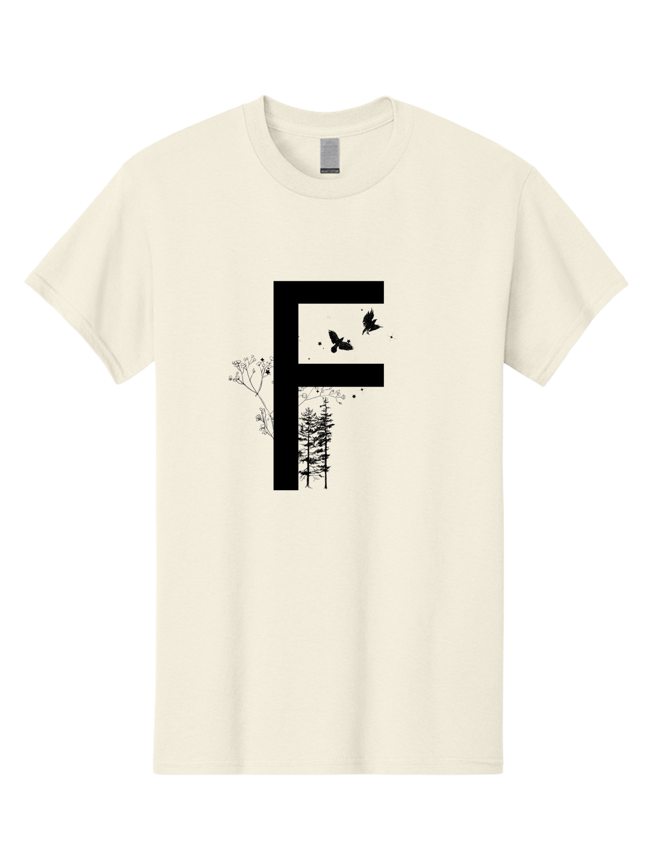 F Men'S Graphic Tee, 100% Cotton, Comfortable Casual Summer Wear, Machine Washable, Stylized Letter F, Black Typography, Nature Elements, Flowers, Trees, Birds In Flight, Natural Scenery, Forest Landscape, Artistic Design, Creative Typography Aac306