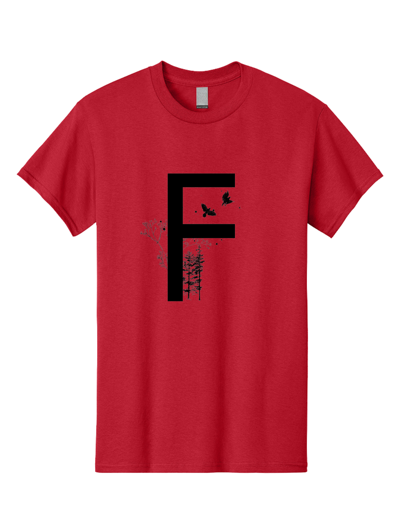 F Men'S Graphic Tee, 100% Cotton, Comfortable Casual Summer Wear, Machine Washable, Stylized Letter F, Black Typography, Nature Elements, Flowers, Trees, Birds In Flight, Natural Scenery, Forest Landscape, Artistic Design, Creative Typography Aac306
