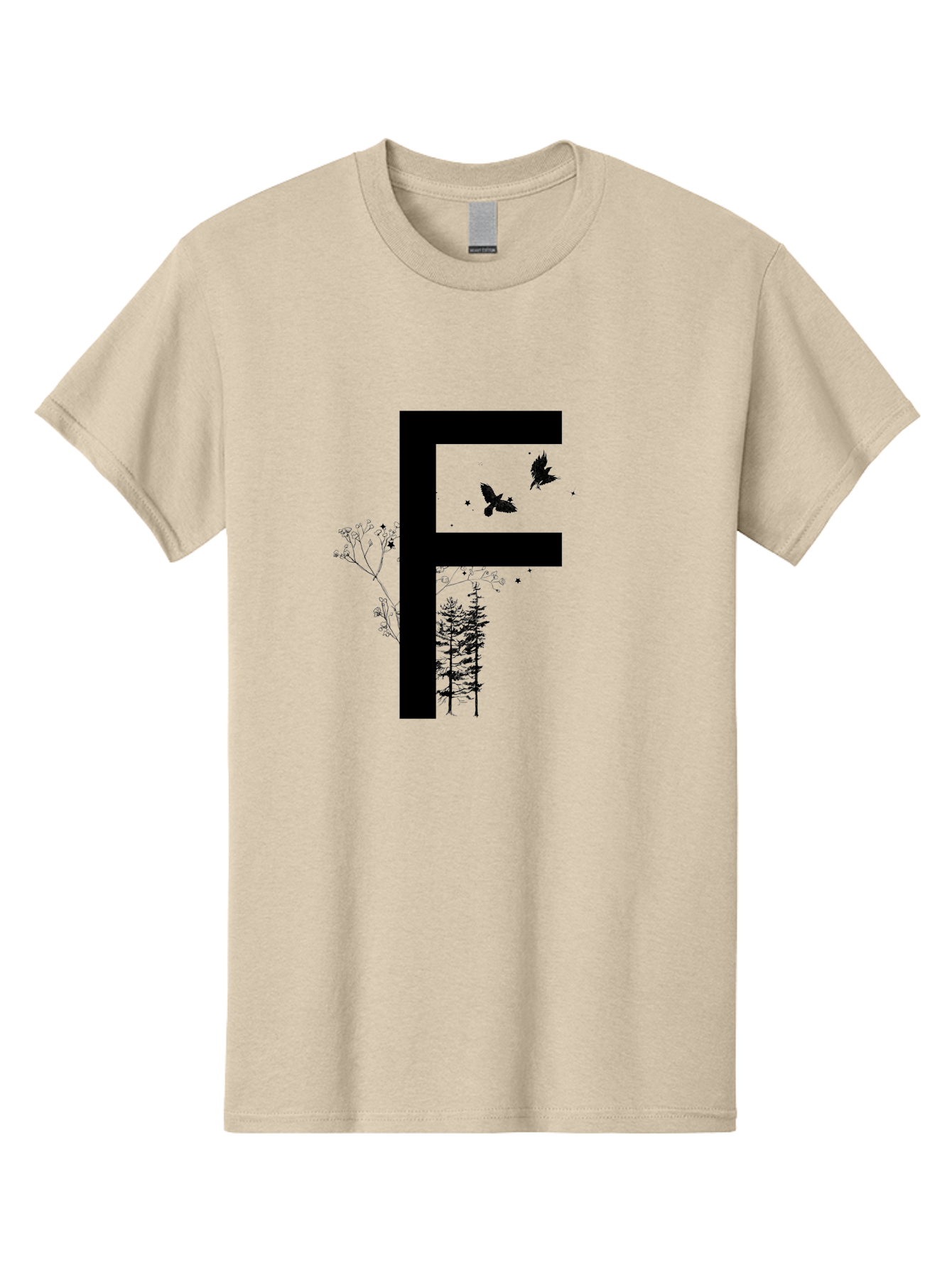 F Men'S Graphic Tee, 100% Cotton, Comfortable Casual Summer Wear, Machine Washable, Stylized Letter F, Black Typography, Nature Elements, Flowers, Trees, Birds In Flight, Natural Scenery, Forest Landscape, Artistic Design, Creative Typography Aac306