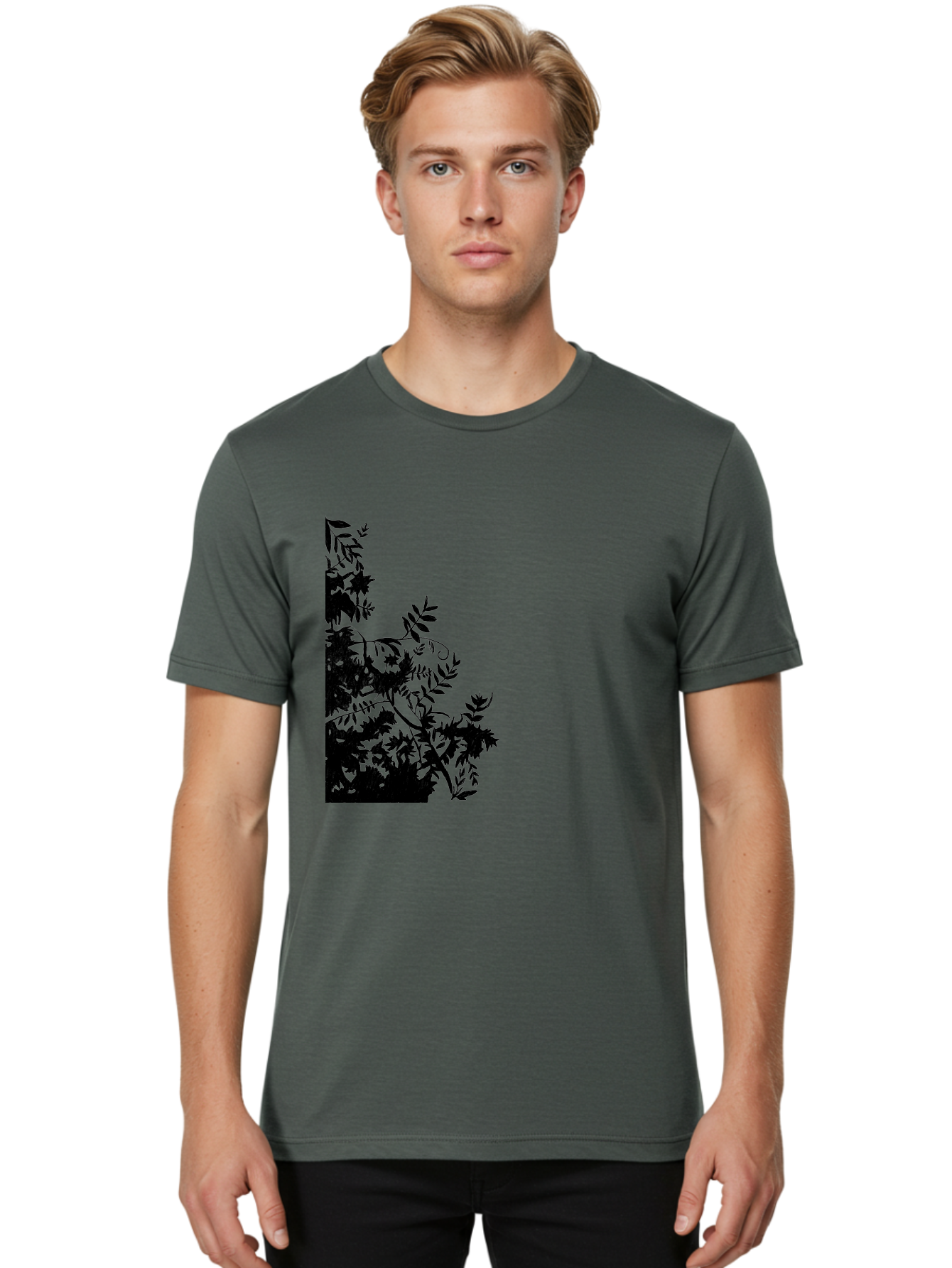 Floral-Silhouette Men'S Graphic Tee, 100% Cotton, Comfortable Casual Summer Wear, Machine Washable, Floral Silhouette, Black Leaves, Twisted Stems, Floral Arrangement, Botanical Design, Delicate Patterns, Intricate Details, Elegant Graphics Aac308