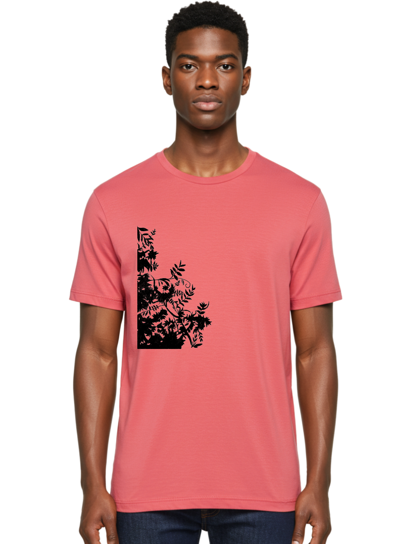 Floral-Silhouette Men'S Graphic Tee, 100% Cotton, Comfortable Casual Summer Wear, Machine Washable, Floral Silhouette, Black Leaves, Twisted Stems, Floral Arrangement, Botanical Design, Delicate Patterns, Intricate Details, Elegant Graphics Aac308