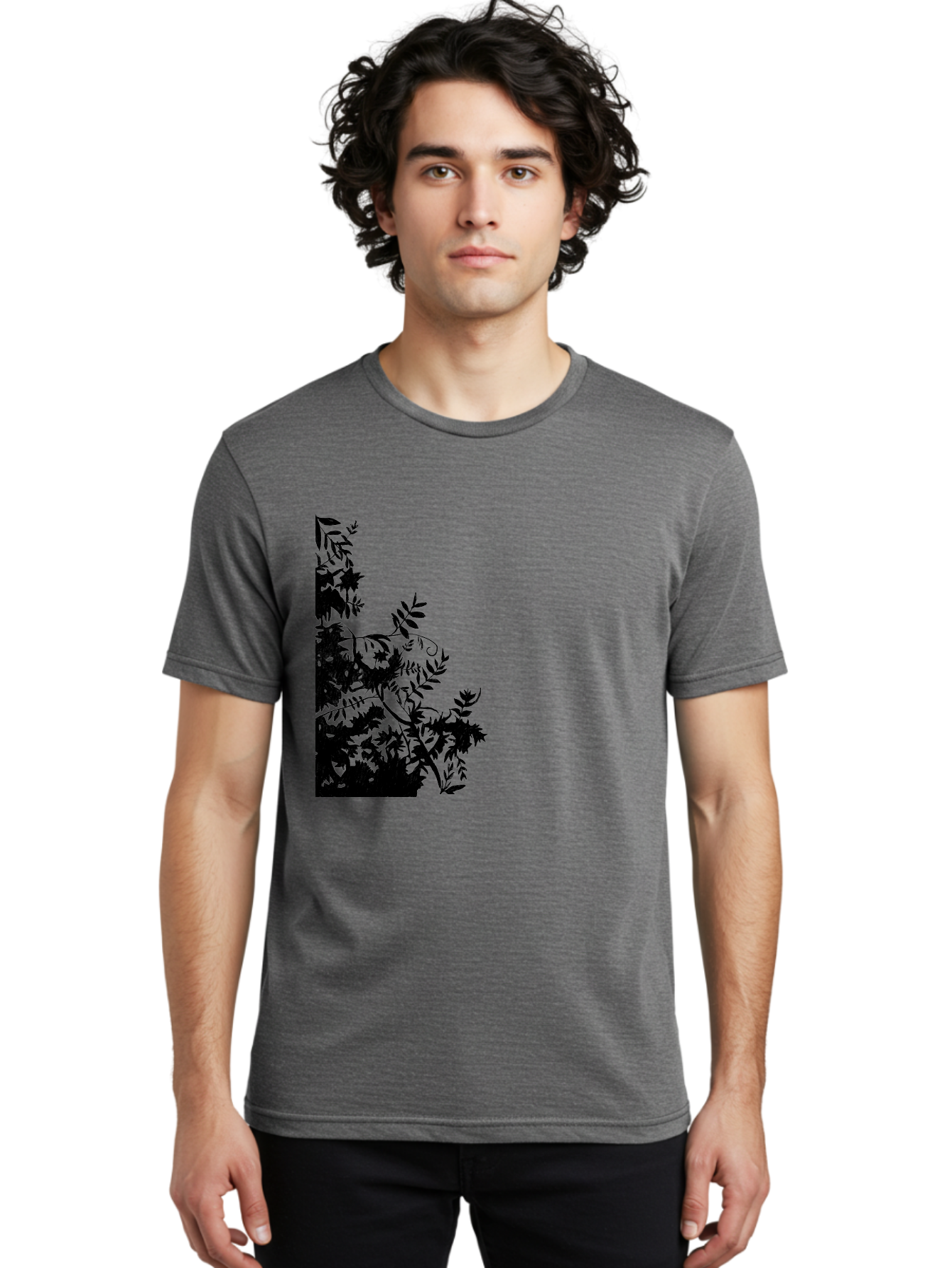 Floral-Silhouette Men'S Graphic Tee, 100% Cotton, Comfortable Casual Summer Wear, Machine Washable, Floral Silhouette, Black Leaves, Twisted Stems, Floral Arrangement, Botanical Design, Delicate Patterns, Intricate Details, Elegant Graphics Aac308