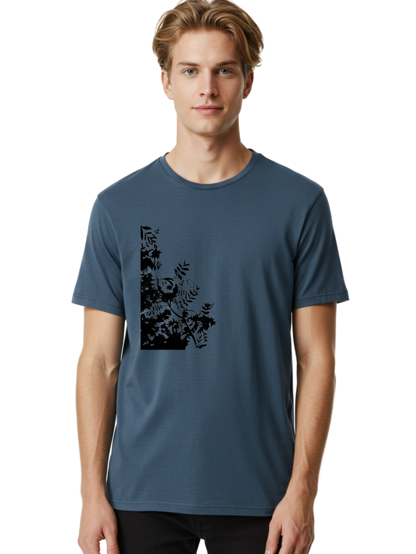Floral-Silhouette Men'S Graphic Tee, 100% Cotton, Comfortable Casual Summer Wear, Machine Washable, Floral Silhouette, Black Leaves, Twisted Stems, Floral Arrangement, Botanical Design, Delicate Patterns, Intricate Details, Elegant Graphics Aac308