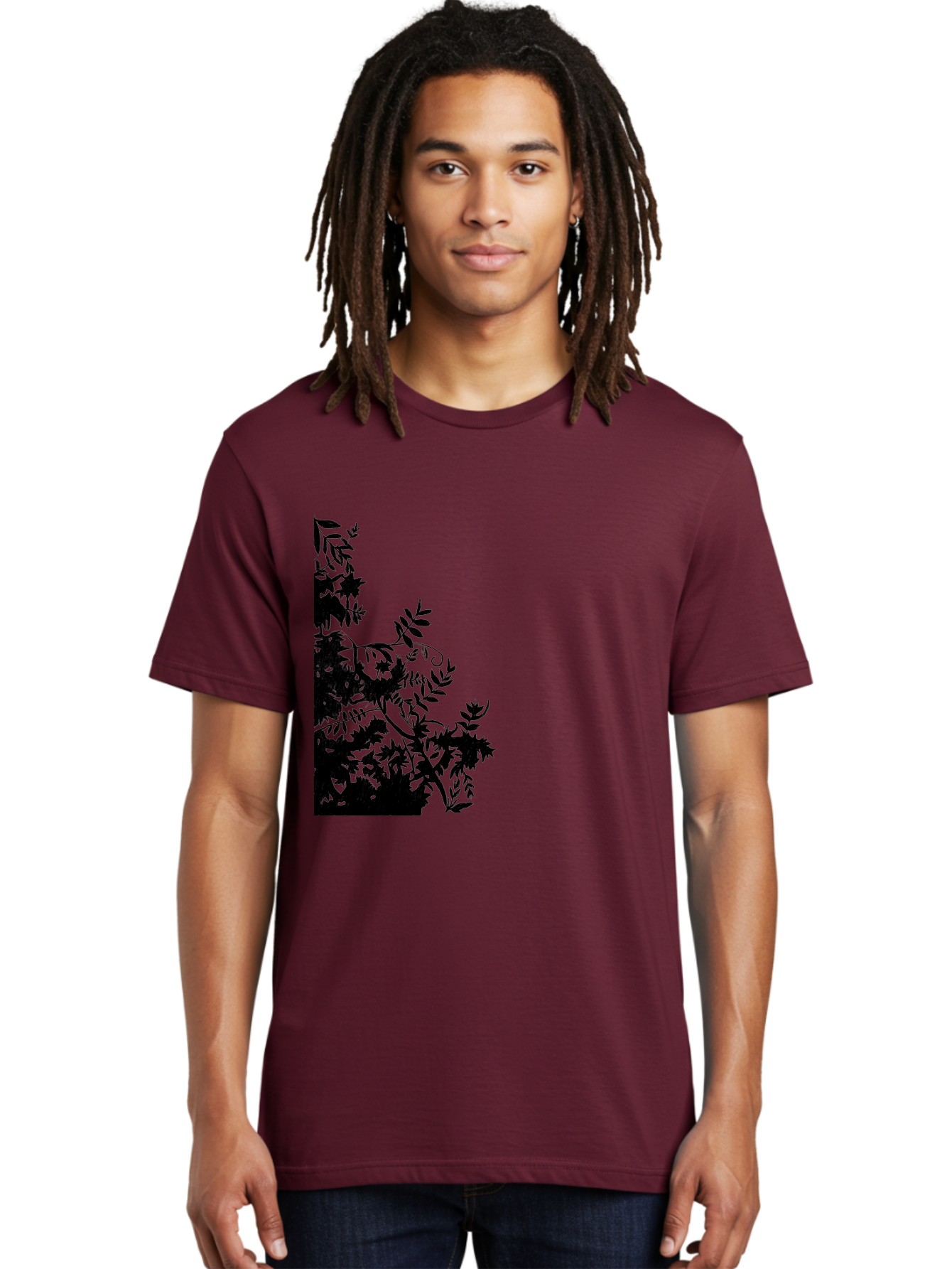 Floral-Silhouette Men'S Graphic Tee, 100% Cotton, Comfortable Casual Summer Wear, Machine Washable, Floral Silhouette, Black Leaves, Twisted Stems, Floral Arrangement, Botanical Design, Delicate Patterns, Intricate Details, Elegant Graphics Aac308
