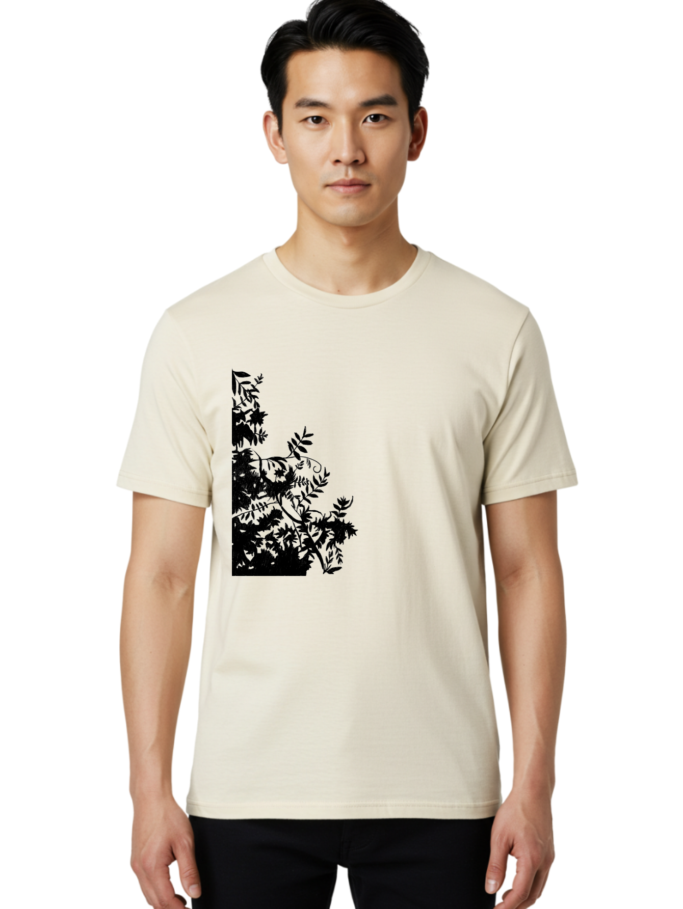 Floral-Silhouette Men'S Graphic Tee, 100% Cotton, Comfortable Casual Summer Wear, Machine Washable, Floral Silhouette, Black Leaves, Twisted Stems, Floral Arrangement, Botanical Design, Delicate Patterns, Intricate Details, Elegant Graphics Aac308