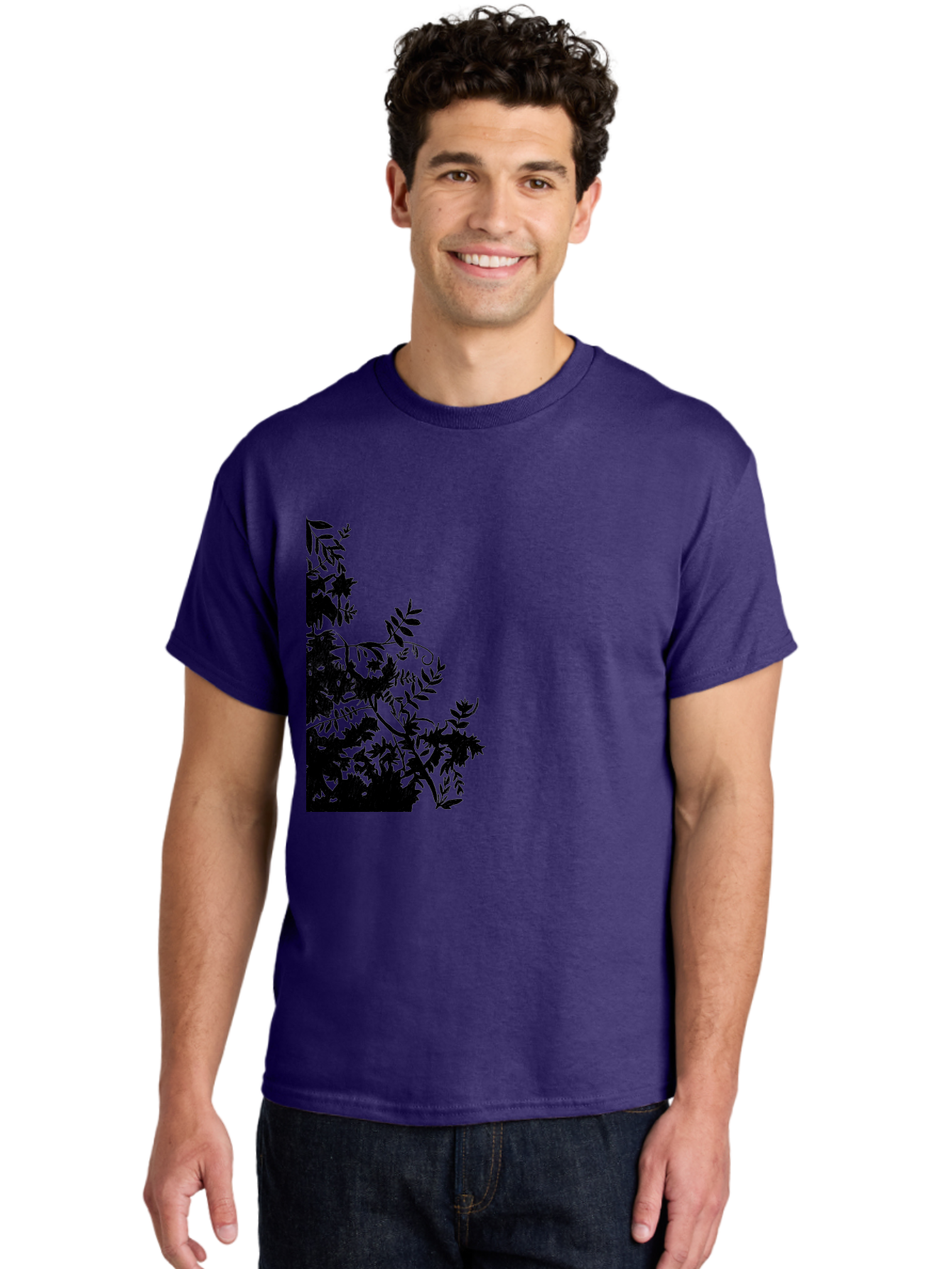 Floral-Silhouette Men'S Graphic Tee, 100% Cotton, Comfortable Casual Summer Wear, Machine Washable, Floral Silhouette, Black Leaves, Twisted Stems, Floral Arrangement, Botanical Design, Delicate Patterns, Intricate Details, Elegant Graphics Aac308