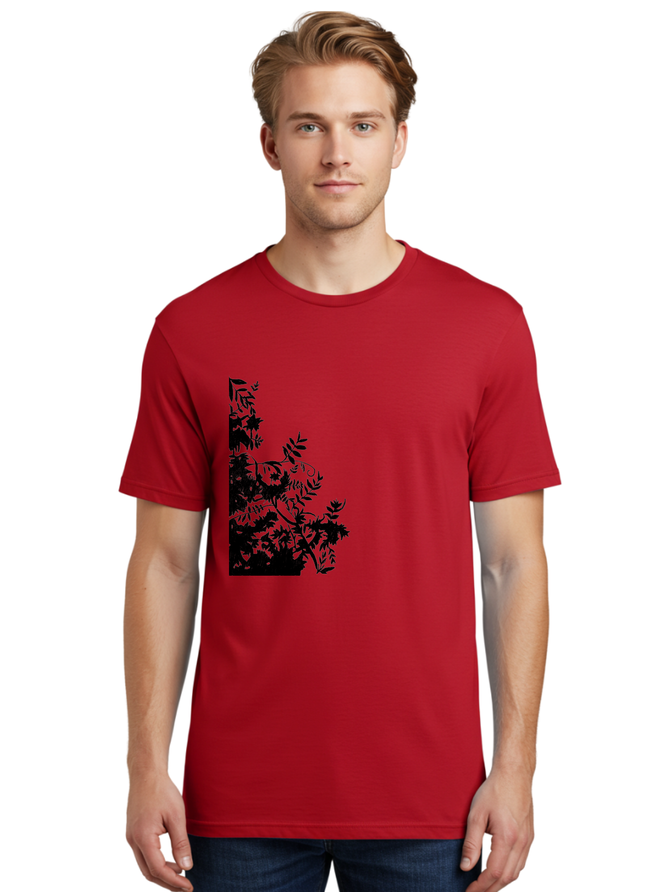 Floral-Silhouette Men'S Graphic Tee, 100% Cotton, Comfortable Casual Summer Wear, Machine Washable, Floral Silhouette, Black Leaves, Twisted Stems, Floral Arrangement, Botanical Design, Delicate Patterns, Intricate Details, Elegant Graphics Aac308