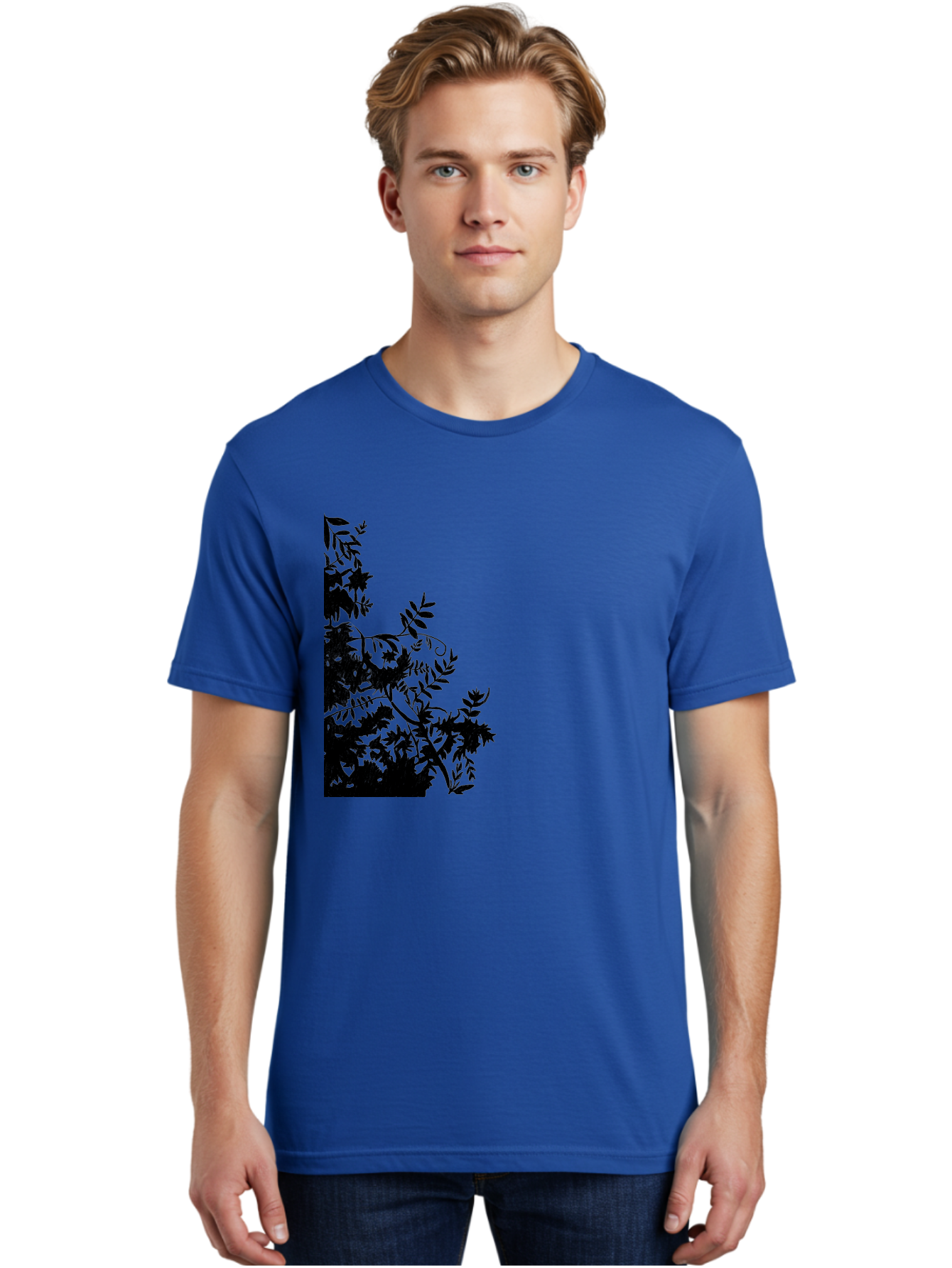 Floral-Silhouette Men'S Graphic Tee, 100% Cotton, Comfortable Casual Summer Wear, Machine Washable, Floral Silhouette, Black Leaves, Twisted Stems, Floral Arrangement, Botanical Design, Delicate Patterns, Intricate Details, Elegant Graphics Aac308