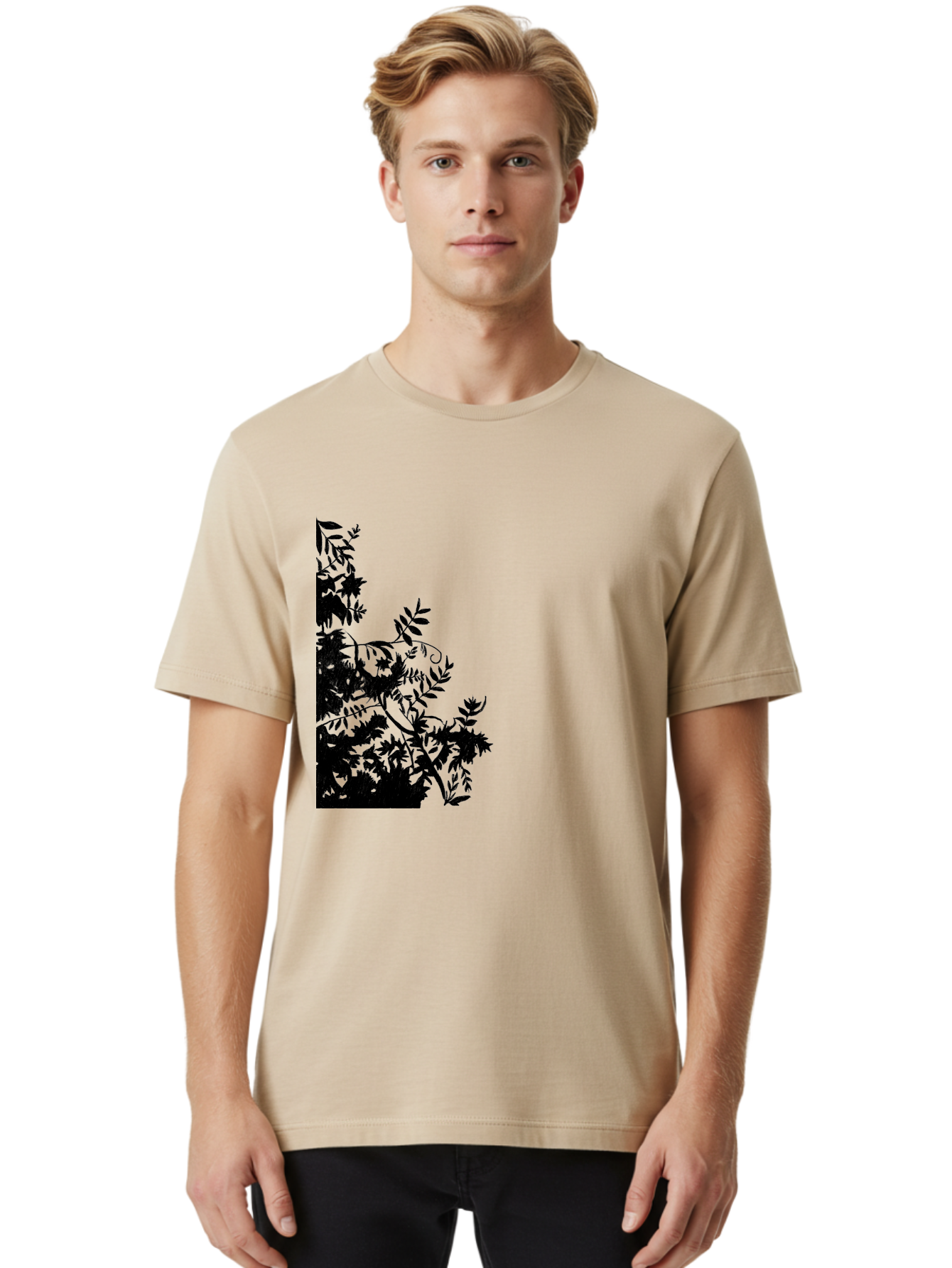 Floral-Silhouette Men'S Graphic Tee, 100% Cotton, Comfortable Casual Summer Wear, Machine Washable, Floral Silhouette, Black Leaves, Twisted Stems, Floral Arrangement, Botanical Design, Delicate Patterns, Intricate Details, Elegant Graphics Aac308