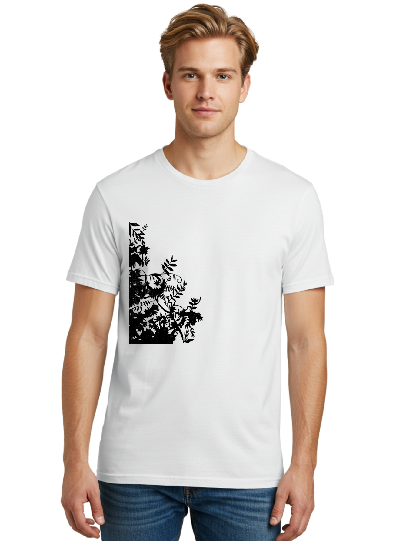Floral-Silhouette Men'S Graphic Tee, 100% Cotton, Comfortable Casual Summer Wear, Machine Washable, Floral Silhouette, Black Leaves, Twisted Stems, Floral Arrangement, Botanical Design, Delicate Patterns, Intricate Details, Elegant Graphics Aac308