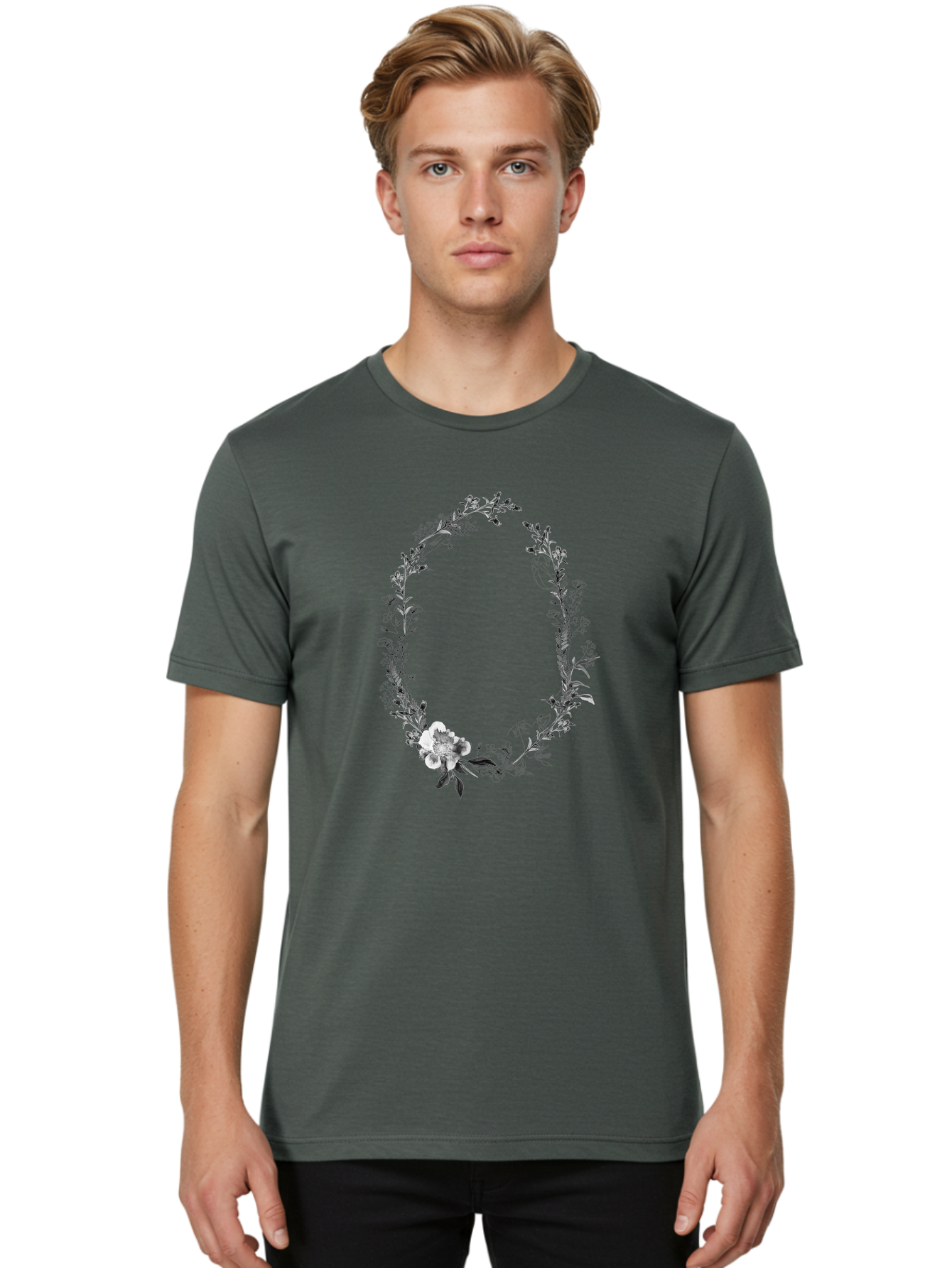 Floral-Wreath-1 Men'S Graphic Tee, 100% Cotton, Comfortable Casual Summer Wear, Machine Washable, Floral Wreath, Circular Frame, Wildflowers, Botanical Illustration, Delicate Flowers, Elegant Design, Black And White Flowers, Vintage Style Aac309