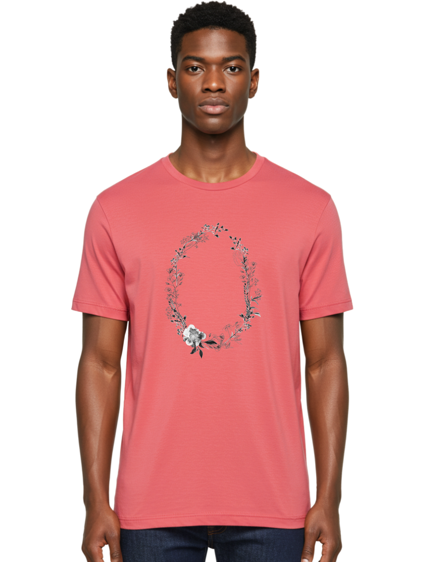 Floral-Wreath-1 Men'S Graphic Tee, 100% Cotton, Comfortable Casual Summer Wear, Machine Washable, Floral Wreath, Circular Frame, Wildflowers, Botanical Illustration, Delicate Flowers, Elegant Design, Black And White Flowers, Vintage Style Aac309