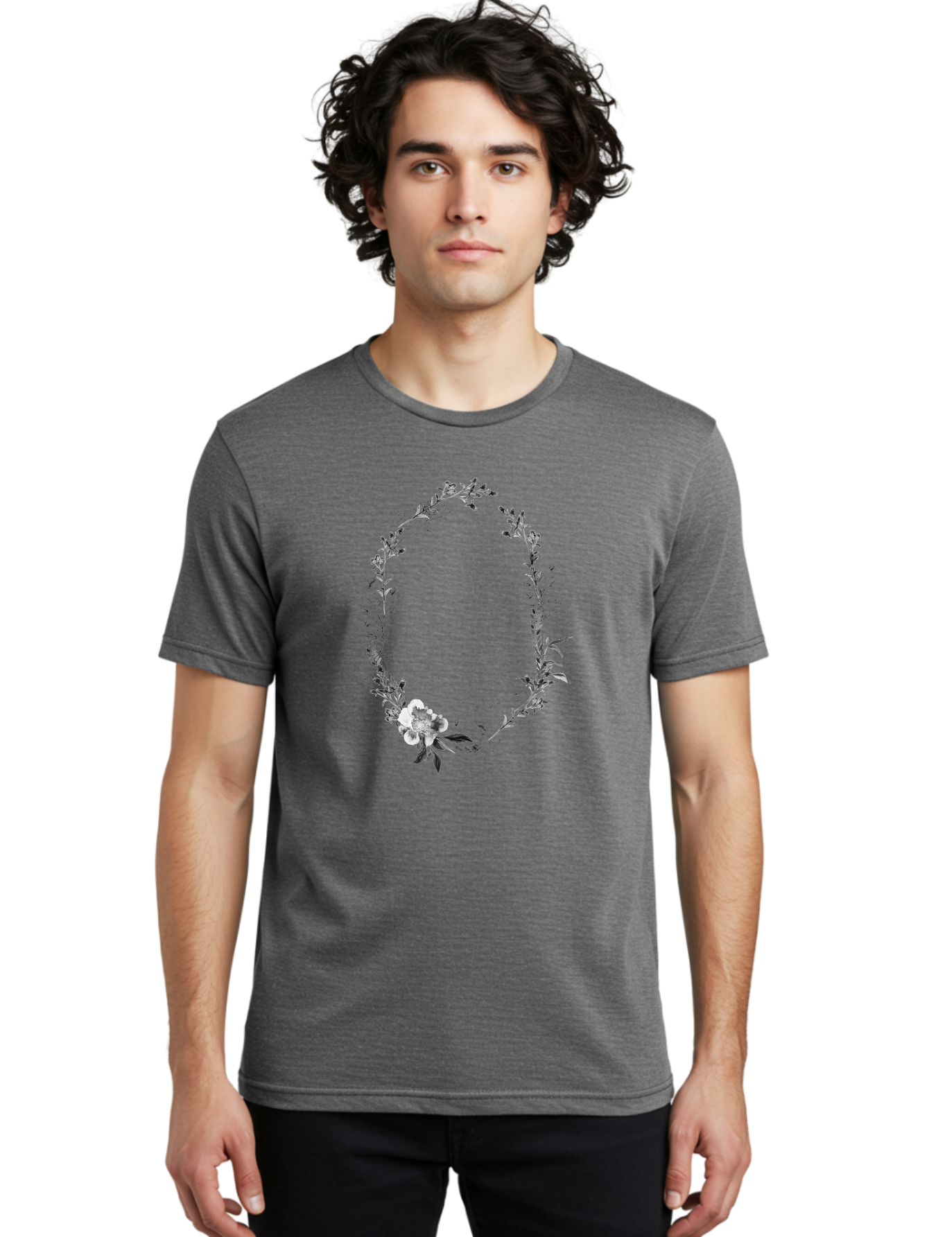 Floral-Wreath-1 Men'S Graphic Tee, 100% Cotton, Comfortable Casual Summer Wear, Machine Washable, Floral Wreath, Circular Frame, Wildflowers, Botanical Illustration, Delicate Flowers, Elegant Design, Black And White Flowers, Vintage Style Aac309
