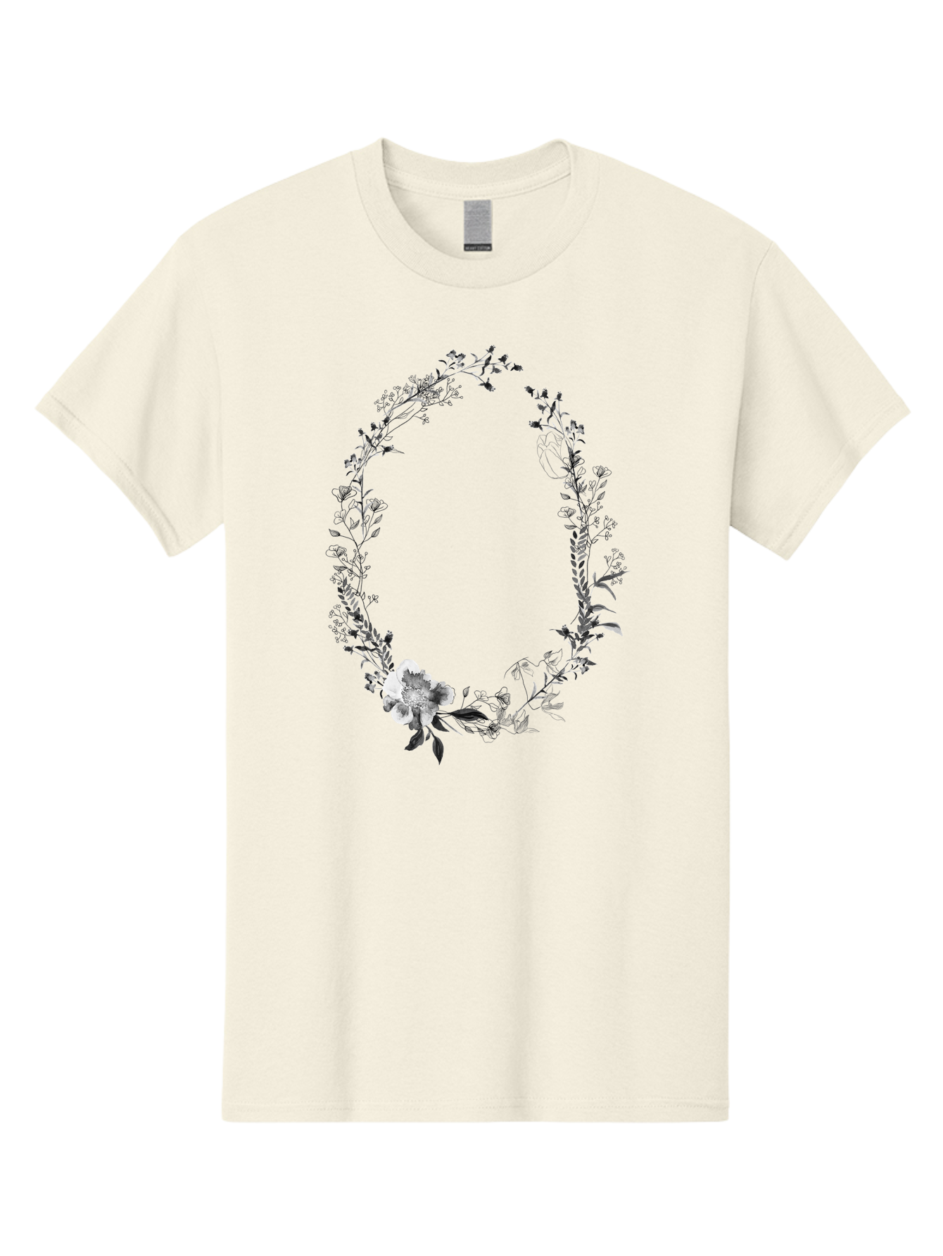 Floral-Wreath-1 Men'S Graphic Tee, 100% Cotton, Comfortable Casual Summer Wear, Machine Washable, Floral Wreath, Circular Frame, Wildflowers, Botanical Illustration, Delicate Flowers, Elegant Design, Black And White Flowers, Vintage Style Aac309