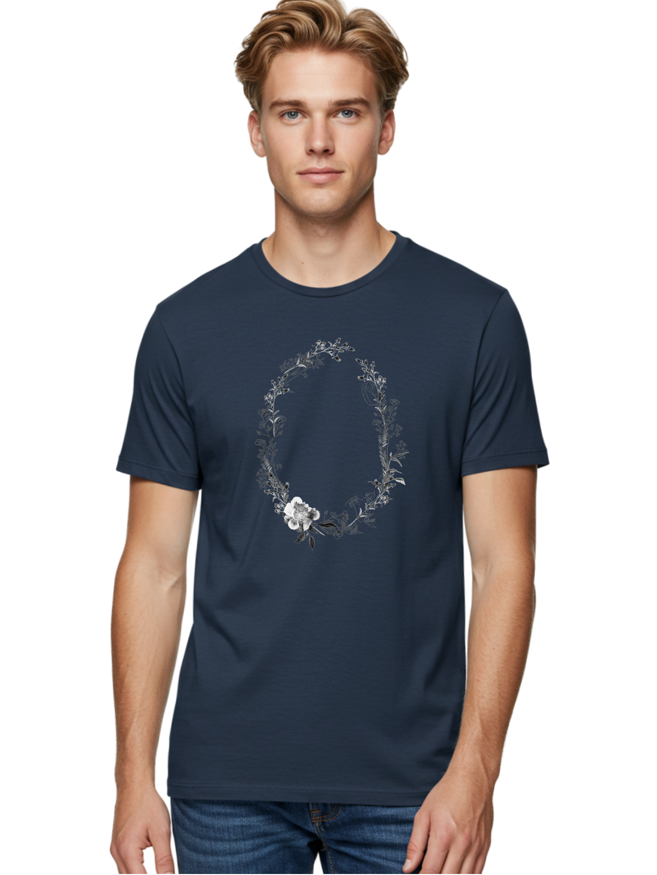 Floral-Wreath-1 Men'S Graphic Tee, 100% Cotton, Comfortable Casual Summer Wear, Machine Washable, Floral Wreath, Circular Frame, Wildflowers, Botanical Illustration, Delicate Flowers, Elegant Design, Black And White Flowers, Vintage Style Aac309