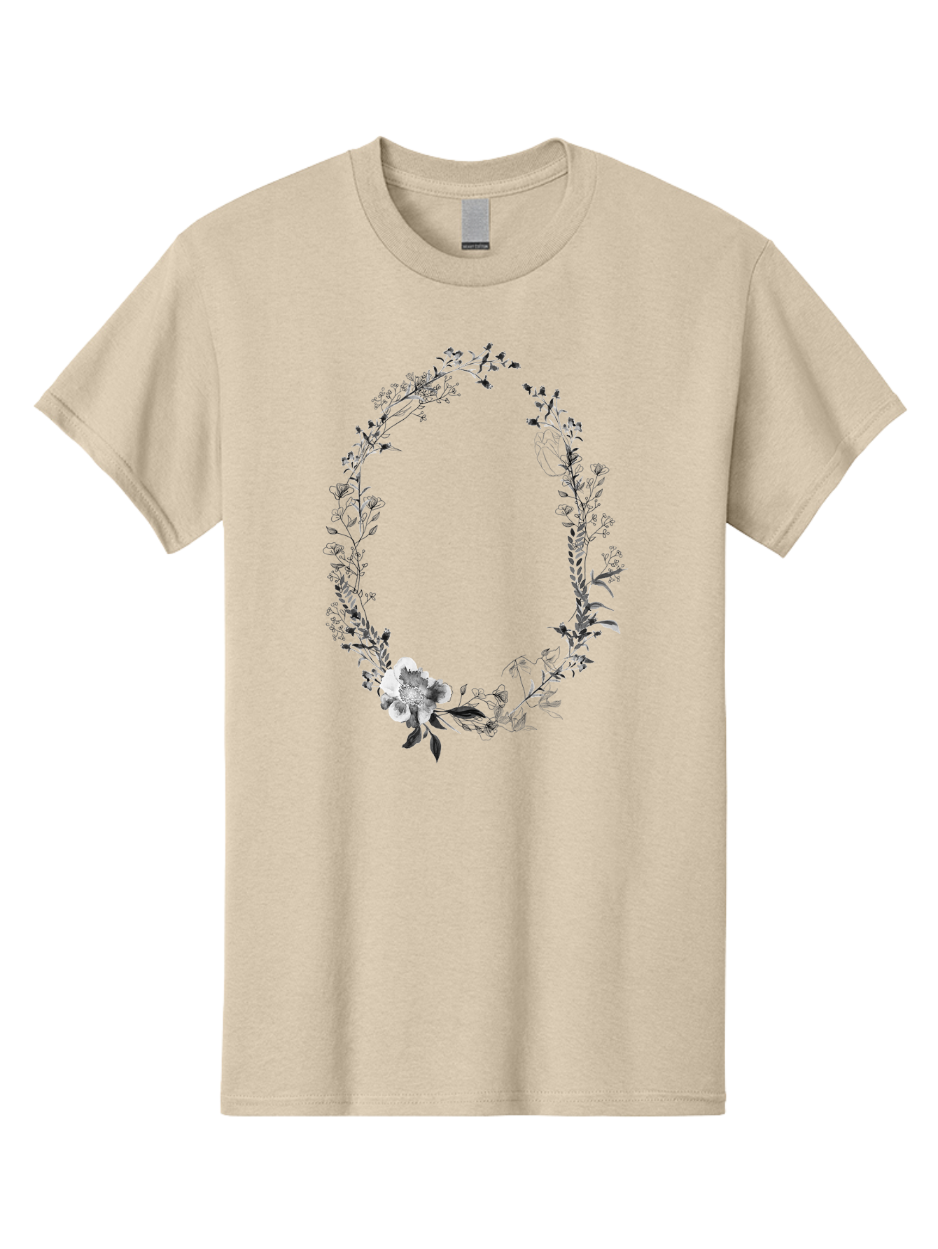 Floral-Wreath-1 Men'S Graphic Tee, 100% Cotton, Comfortable Casual Summer Wear, Machine Washable, Floral Wreath, Circular Frame, Wildflowers, Botanical Illustration, Delicate Flowers, Elegant Design, Black And White Flowers, Vintage Style Aac309