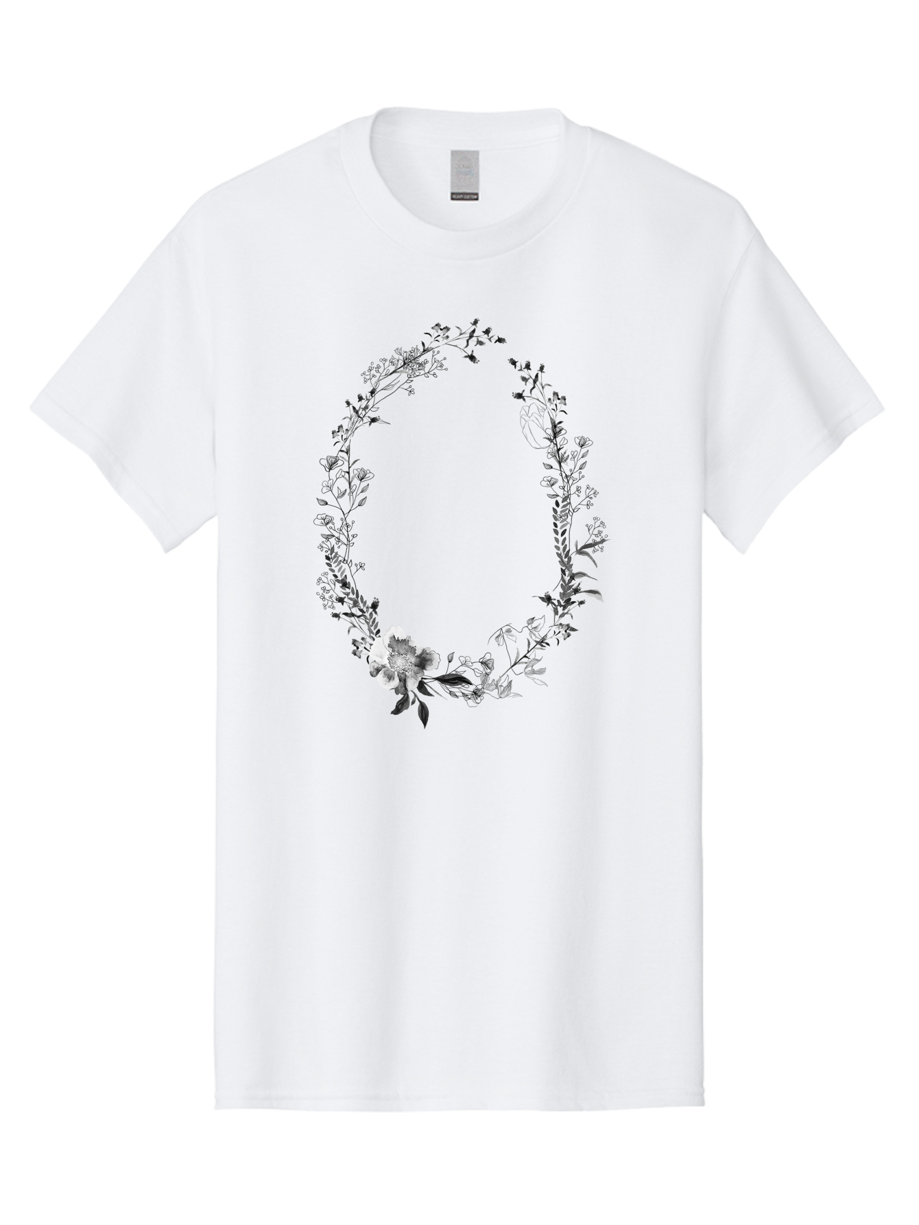 Floral-Wreath-1 Men'S Graphic Tee, 100% Cotton, Comfortable Casual Summer Wear, Machine Washable, Floral Wreath, Circular Frame, Wildflowers, Botanical Illustration, Delicate Flowers, Elegant Design, Black And White Flowers, Vintage Style Aac309