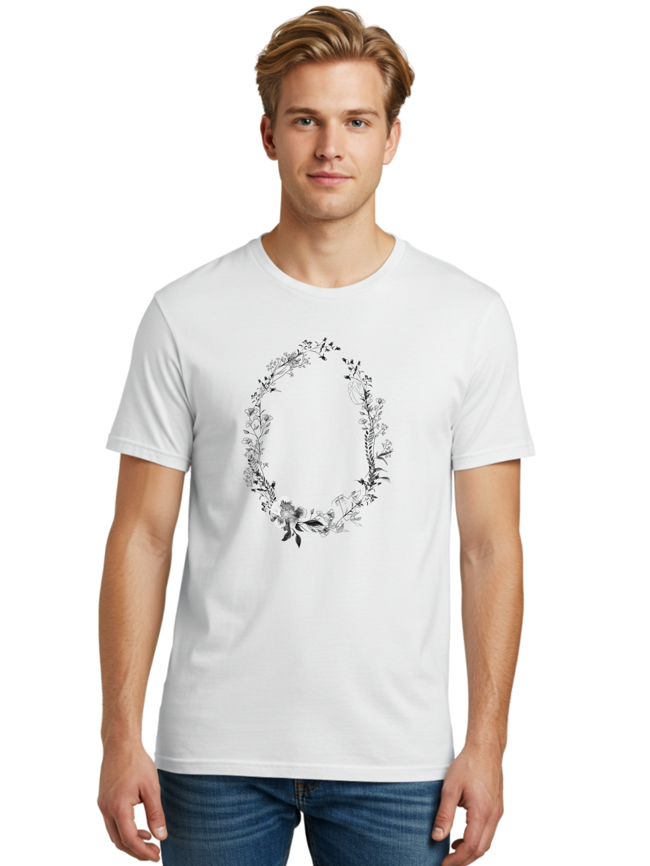 Floral-Wreath-1 Men'S Graphic Tee, 100% Cotton, Comfortable Casual Summer Wear, Machine Washable, Floral Wreath, Circular Frame, Wildflowers, Botanical Illustration, Delicate Flowers, Elegant Design, Black And White Flowers, Vintage Style Aac309