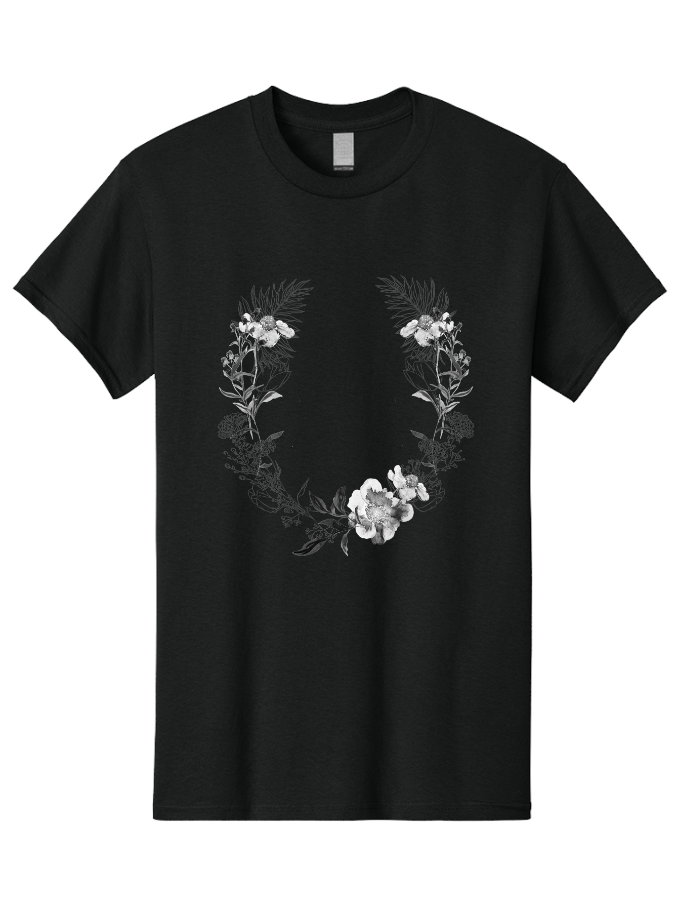 Floral-Wreath-2 Men'S Graphic Tee, 100% Cotton, Comfortable Casual Summer Wear, Machine Washable, Floral Wreath, Flowers And Leaves, Black And White Illustration, Delicate Botanicals, Floral Arrangement, Vintage Style, Elegant Design, Aac310