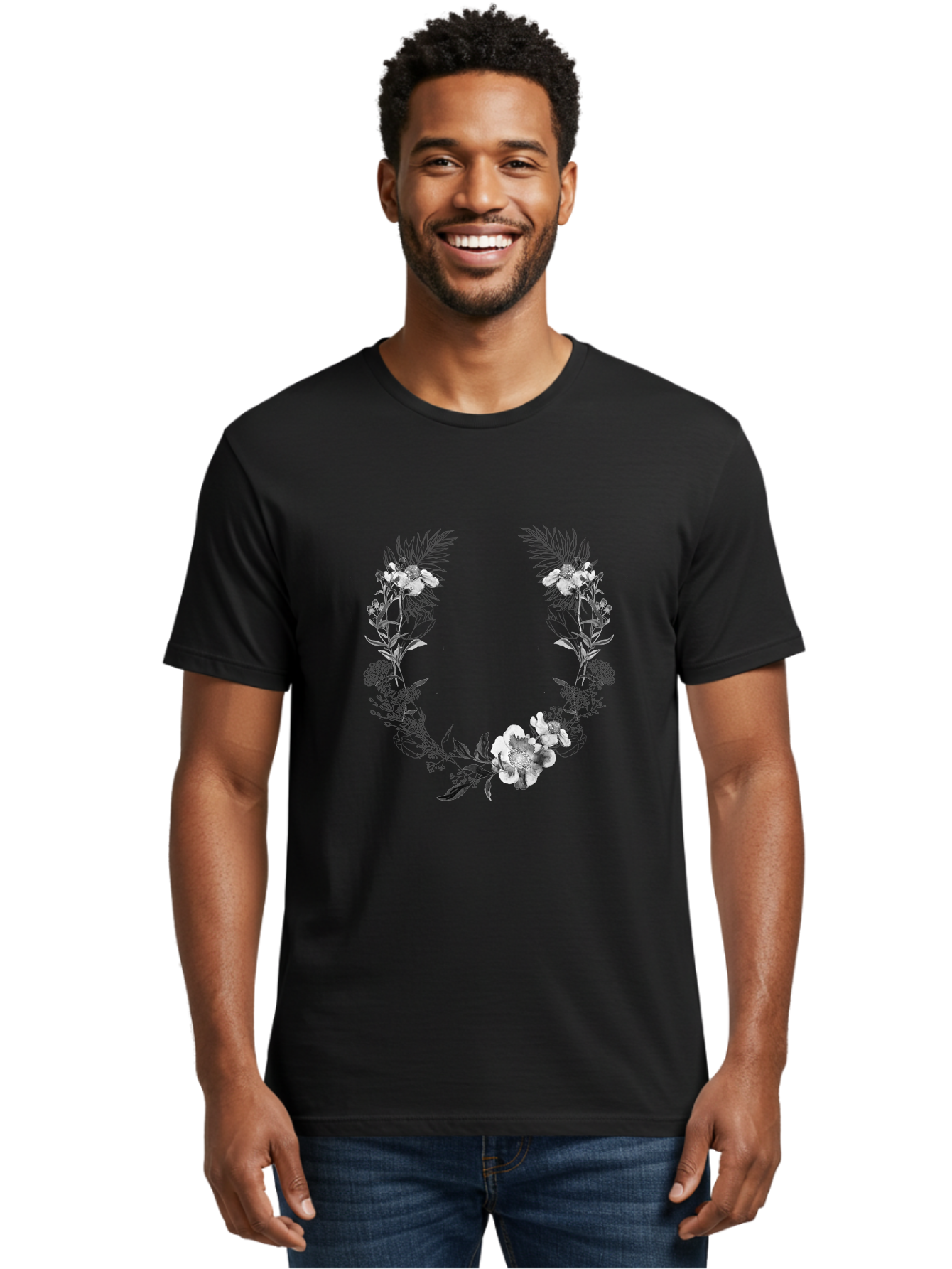 Floral-Wreath-2 Men'S Graphic Tee, 100% Cotton, Comfortable Casual Summer Wear, Machine Washable, Floral Wreath, Flowers And Leaves, Black And White Illustration, Delicate Botanicals, Floral Arrangement, Vintage Style, Elegant Design, Aac310