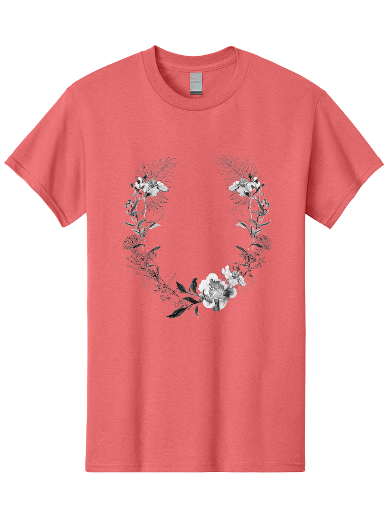 Floral-Wreath-2 Men'S Graphic Tee, 100% Cotton, Comfortable Casual Summer Wear, Machine Washable, Floral Wreath, Flowers And Leaves, Black And White Illustration, Delicate Botanicals, Floral Arrangement, Vintage Style, Elegant Design, Aac310