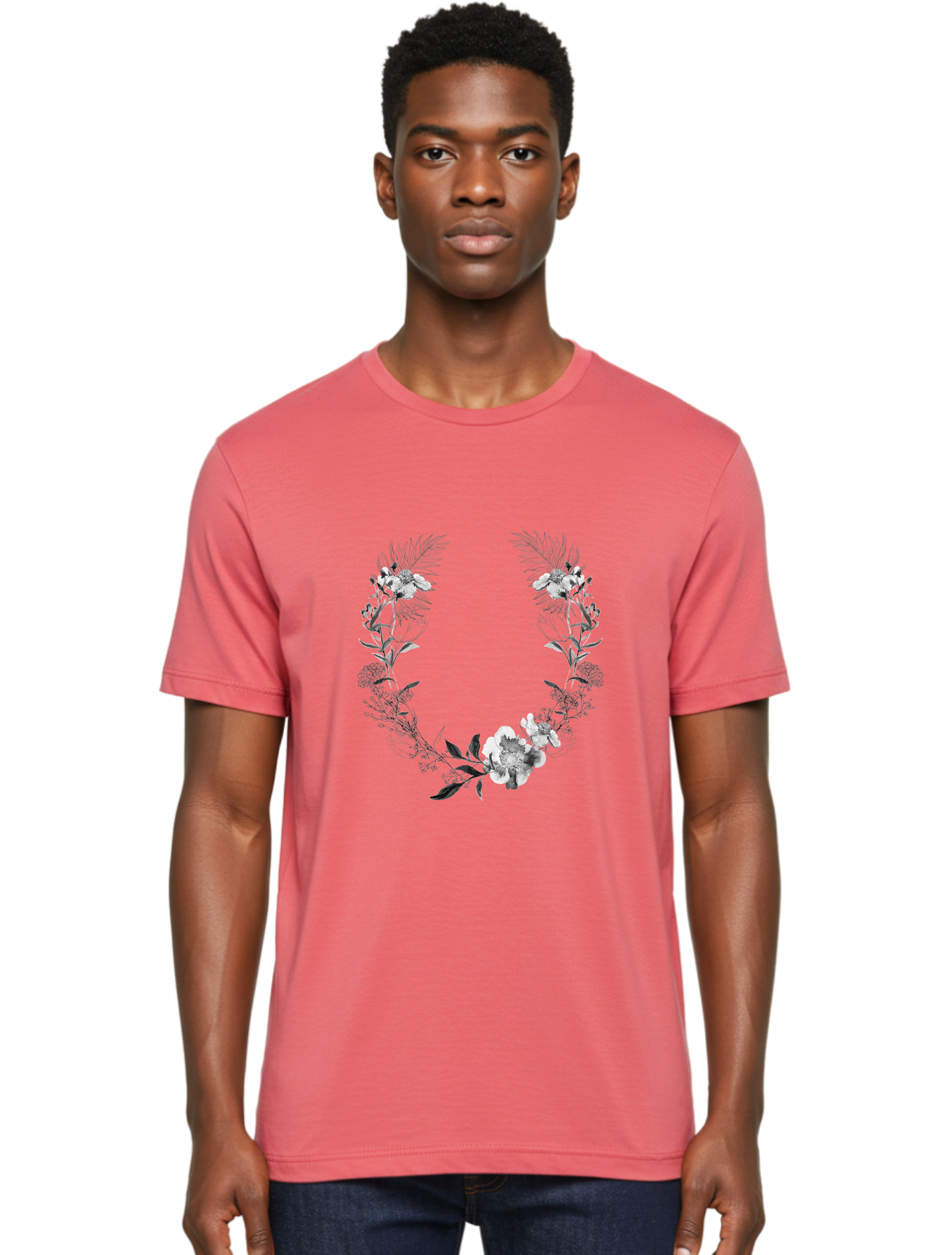 Floral-Wreath-2 Men'S Graphic Tee, 100% Cotton, Comfortable Casual Summer Wear, Machine Washable, Floral Wreath, Flowers And Leaves, Black And White Illustration, Delicate Botanicals, Floral Arrangement, Vintage Style, Elegant Design, Aac310