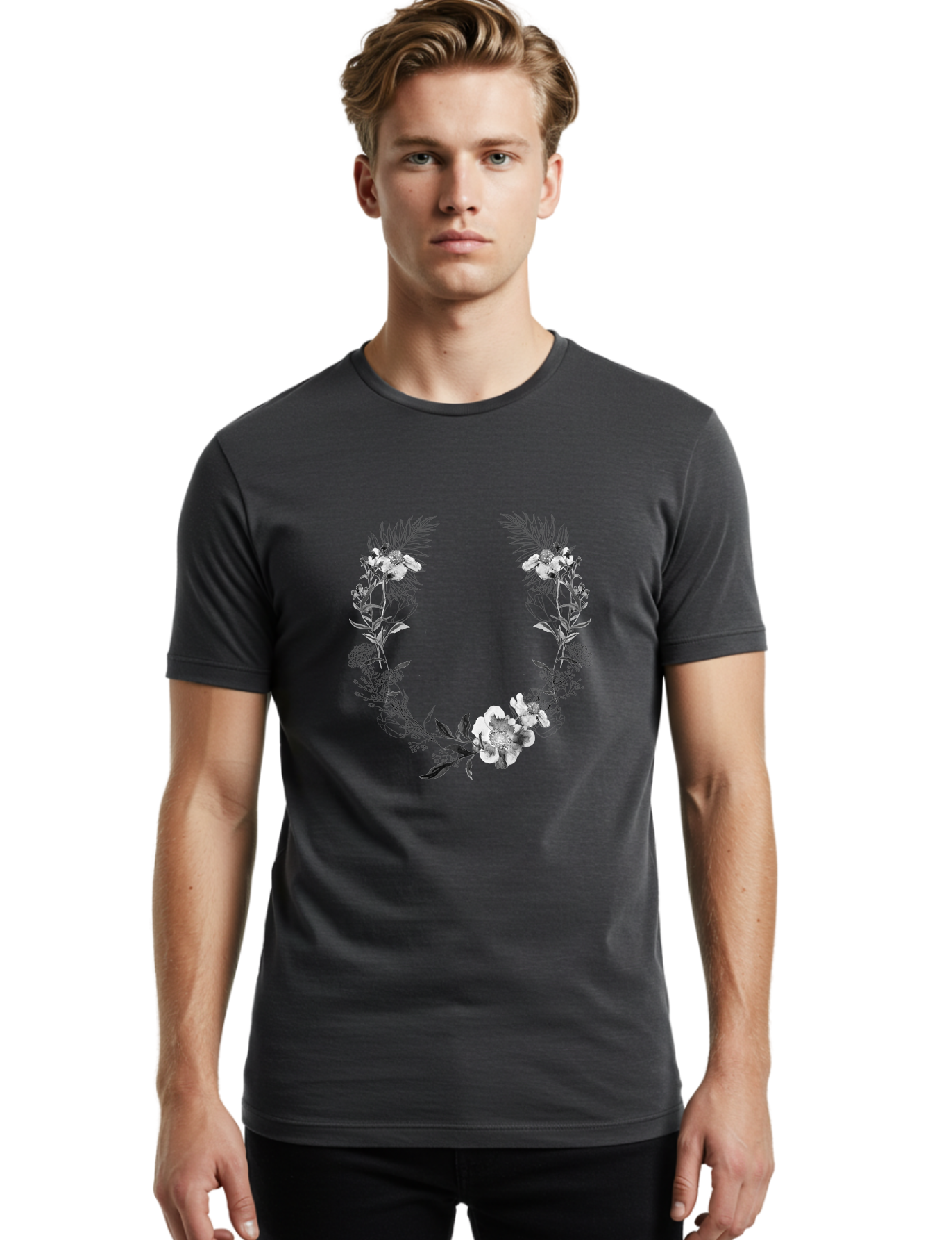 Floral-Wreath-2 Men'S Graphic Tee, 100% Cotton, Comfortable Casual Summer Wear, Machine Washable, Floral Wreath, Flowers And Leaves, Black And White Illustration, Delicate Botanicals, Floral Arrangement, Vintage Style, Elegant Design, Aac310