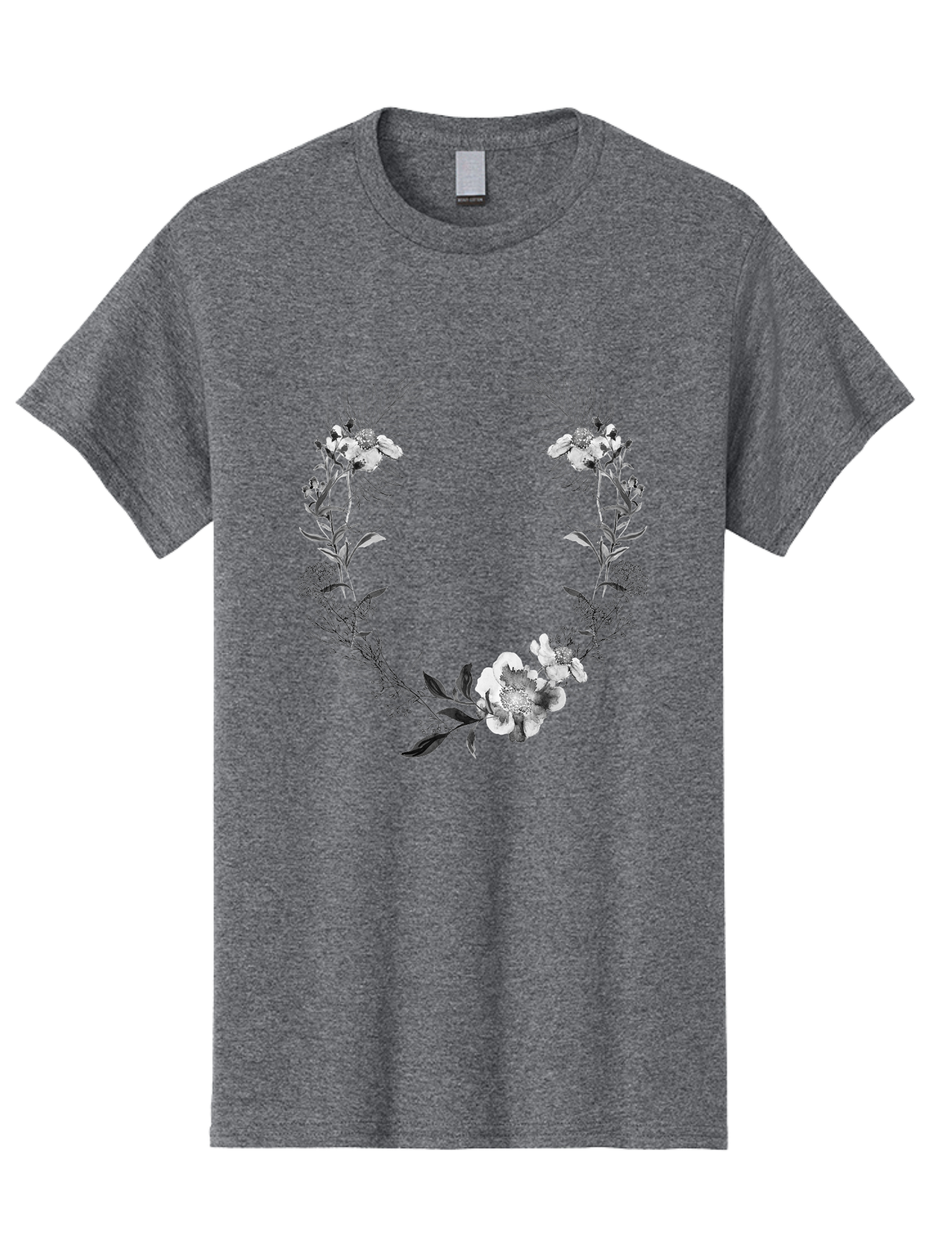 Floral-Wreath-2 Men'S Graphic Tee, 100% Cotton, Comfortable Casual Summer Wear, Machine Washable, Floral Wreath, Flowers And Leaves, Black And White Illustration, Delicate Botanicals, Floral Arrangement, Vintage Style, Elegant Design, Aac310