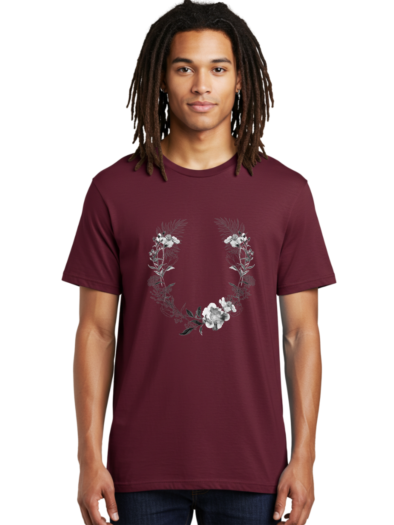 Floral-Wreath-2 Men'S Graphic Tee, 100% Cotton, Comfortable Casual Summer Wear, Machine Washable, Floral Wreath, Flowers And Leaves, Black And White Illustration, Delicate Botanicals, Floral Arrangement, Vintage Style, Elegant Design, Aac310