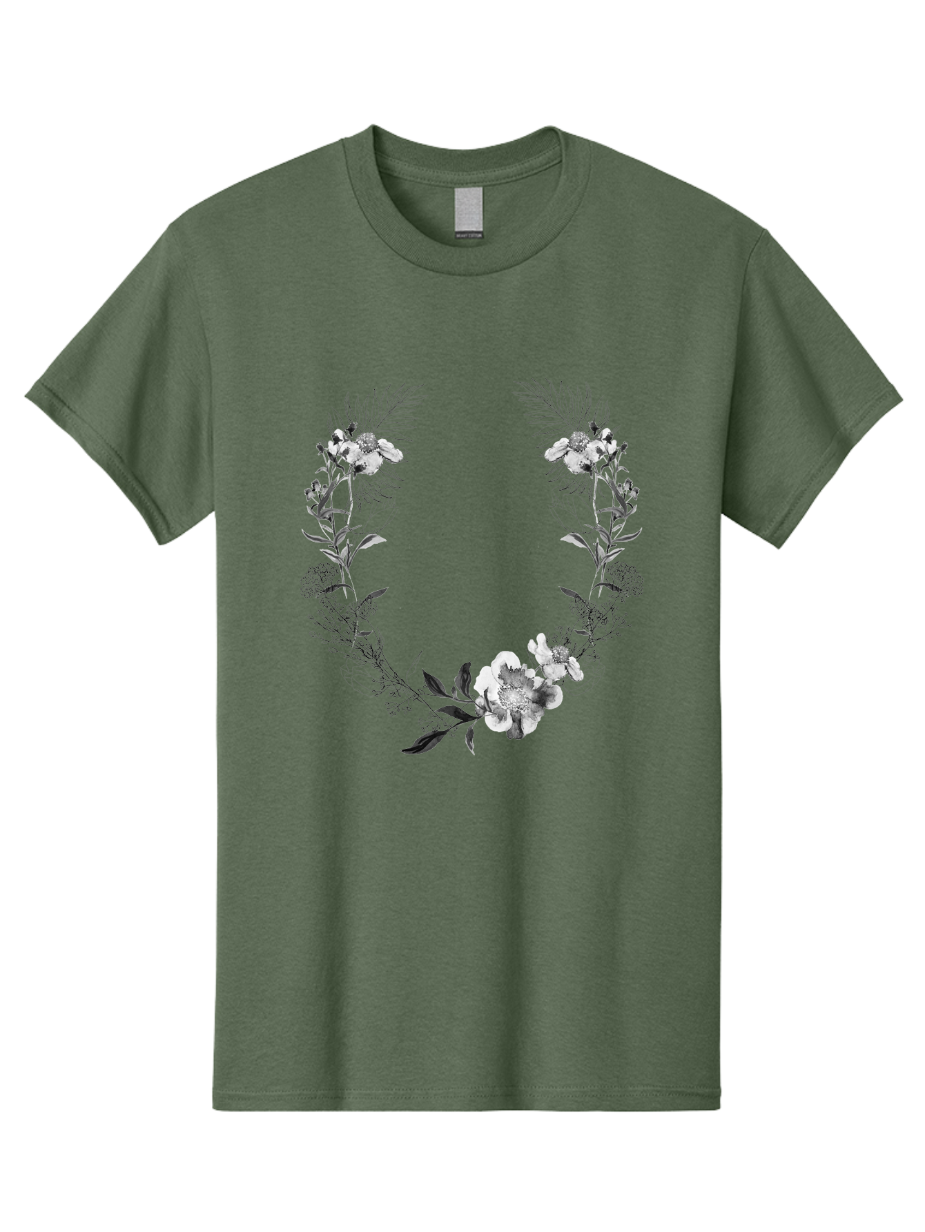 Floral-Wreath-2 Men'S Graphic Tee, 100% Cotton, Comfortable Casual Summer Wear, Machine Washable, Floral Wreath, Flowers And Leaves, Black And White Illustration, Delicate Botanicals, Floral Arrangement, Vintage Style, Elegant Design, Aac310