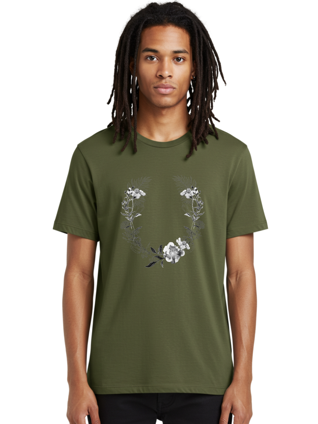 Floral-Wreath-2 Men'S Graphic Tee, 100% Cotton, Comfortable Casual Summer Wear, Machine Washable, Floral Wreath, Flowers And Leaves, Black And White Illustration, Delicate Botanicals, Floral Arrangement, Vintage Style, Elegant Design, Aac310