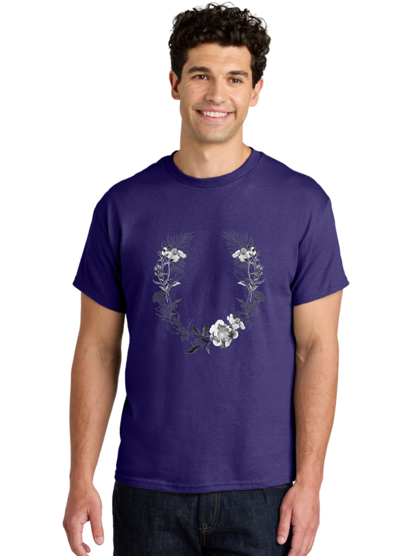 Floral-Wreath-2 Men'S Graphic Tee, 100% Cotton, Comfortable Casual Summer Wear, Machine Washable, Floral Wreath, Flowers And Leaves, Black And White Illustration, Delicate Botanicals, Floral Arrangement, Vintage Style, Elegant Design, Aac310
