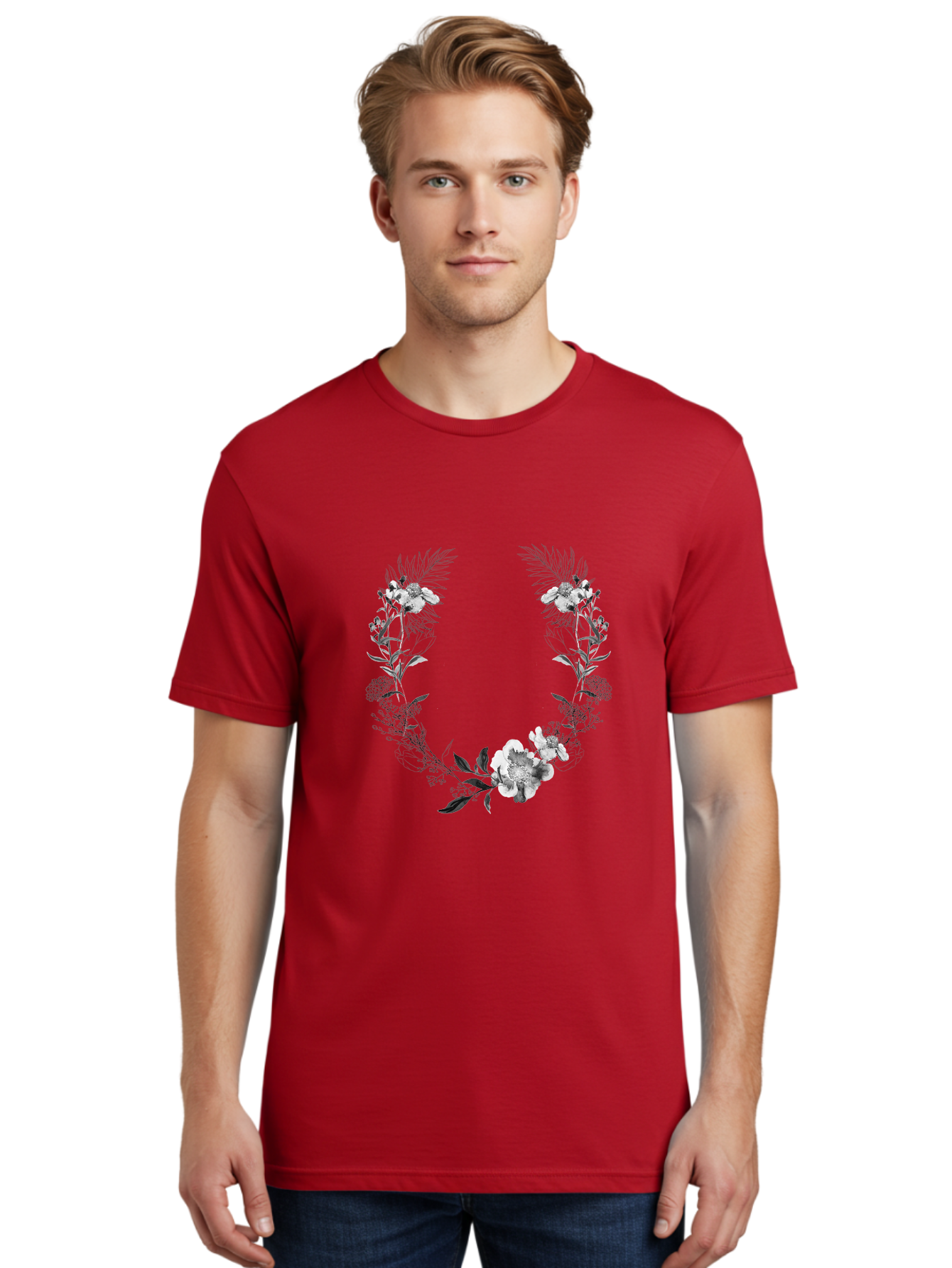 Floral-Wreath-2 Men'S Graphic Tee, 100% Cotton, Comfortable Casual Summer Wear, Machine Washable, Floral Wreath, Flowers And Leaves, Black And White Illustration, Delicate Botanicals, Floral Arrangement, Vintage Style, Elegant Design, Aac310