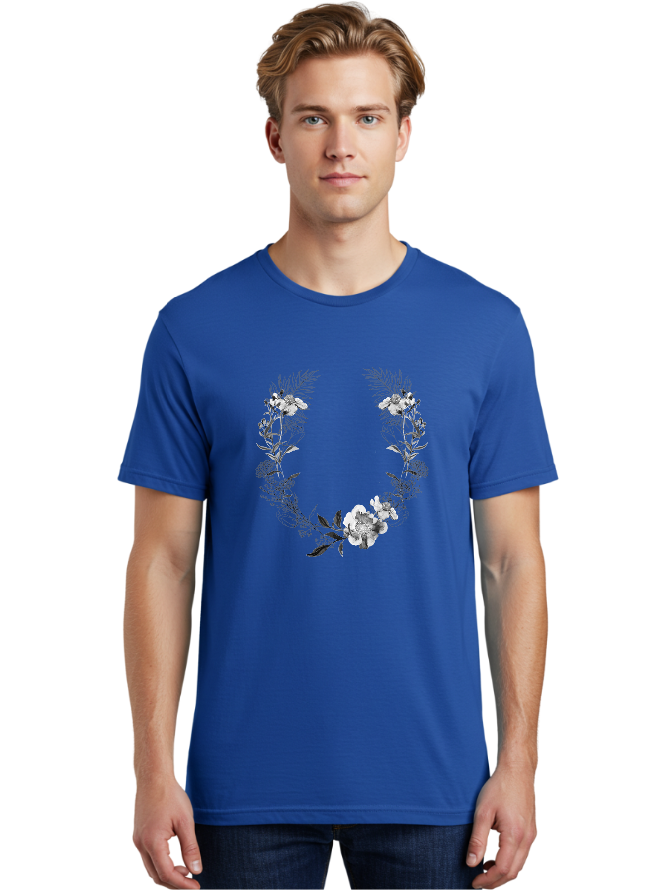 Floral-Wreath-2 Men'S Graphic Tee, 100% Cotton, Comfortable Casual Summer Wear, Machine Washable, Floral Wreath, Flowers And Leaves, Black And White Illustration, Delicate Botanicals, Floral Arrangement, Vintage Style, Elegant Design, Aac310