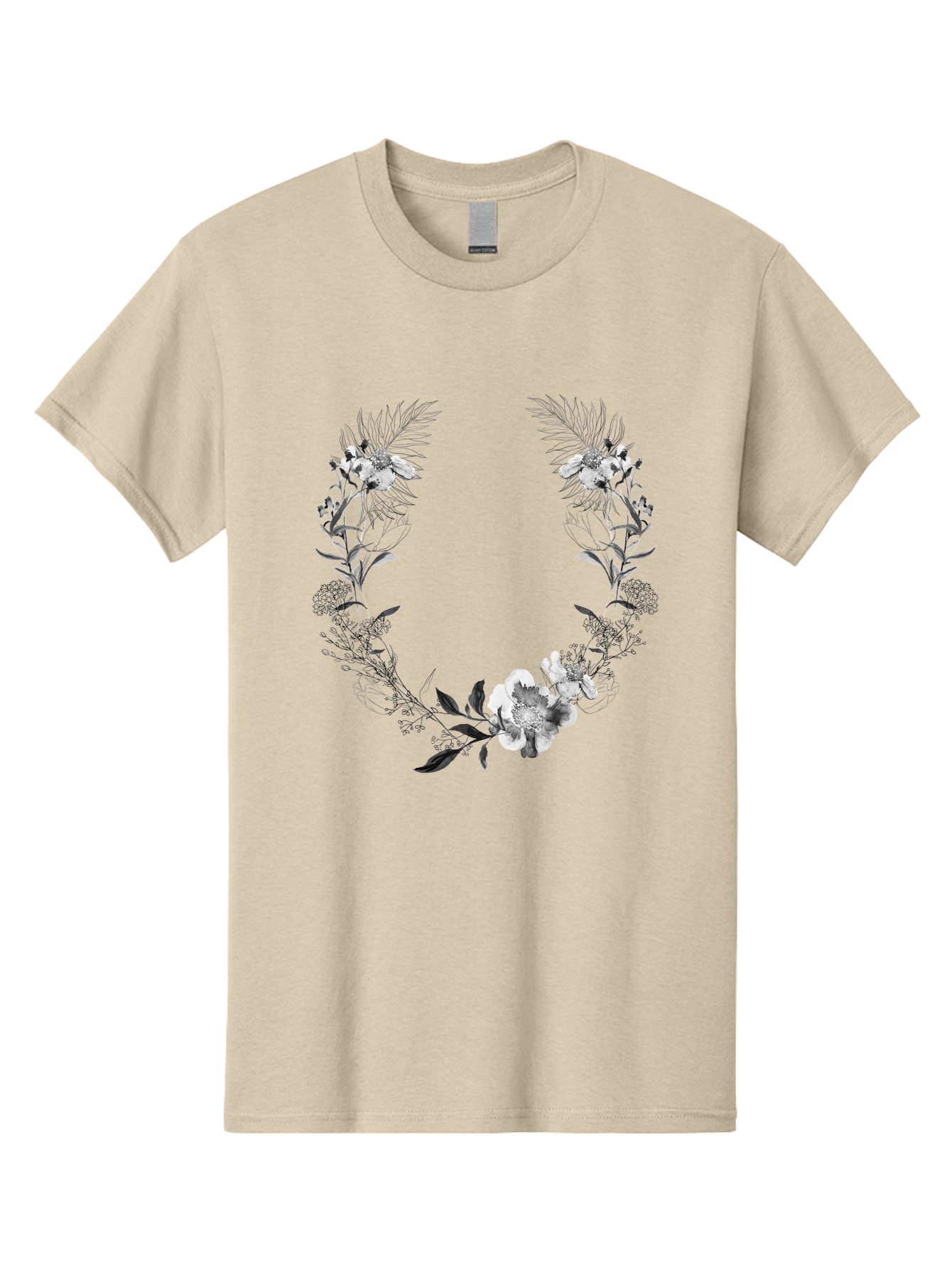 Floral-Wreath-2 Men'S Graphic Tee, 100% Cotton, Comfortable Casual Summer Wear, Machine Washable, Floral Wreath, Flowers And Leaves, Black And White Illustration, Delicate Botanicals, Floral Arrangement, Vintage Style, Elegant Design, Aac310