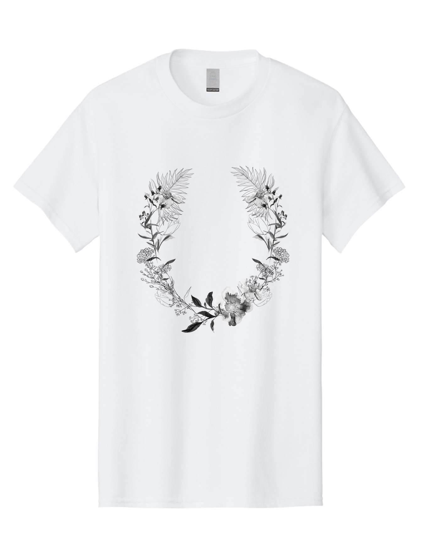 Floral-Wreath-2 Men'S Graphic Tee, 100% Cotton, Comfortable Casual Summer Wear, Machine Washable, Floral Wreath, Flowers And Leaves, Black And White Illustration, Delicate Botanicals, Floral Arrangement, Vintage Style, Elegant Design, Aac310