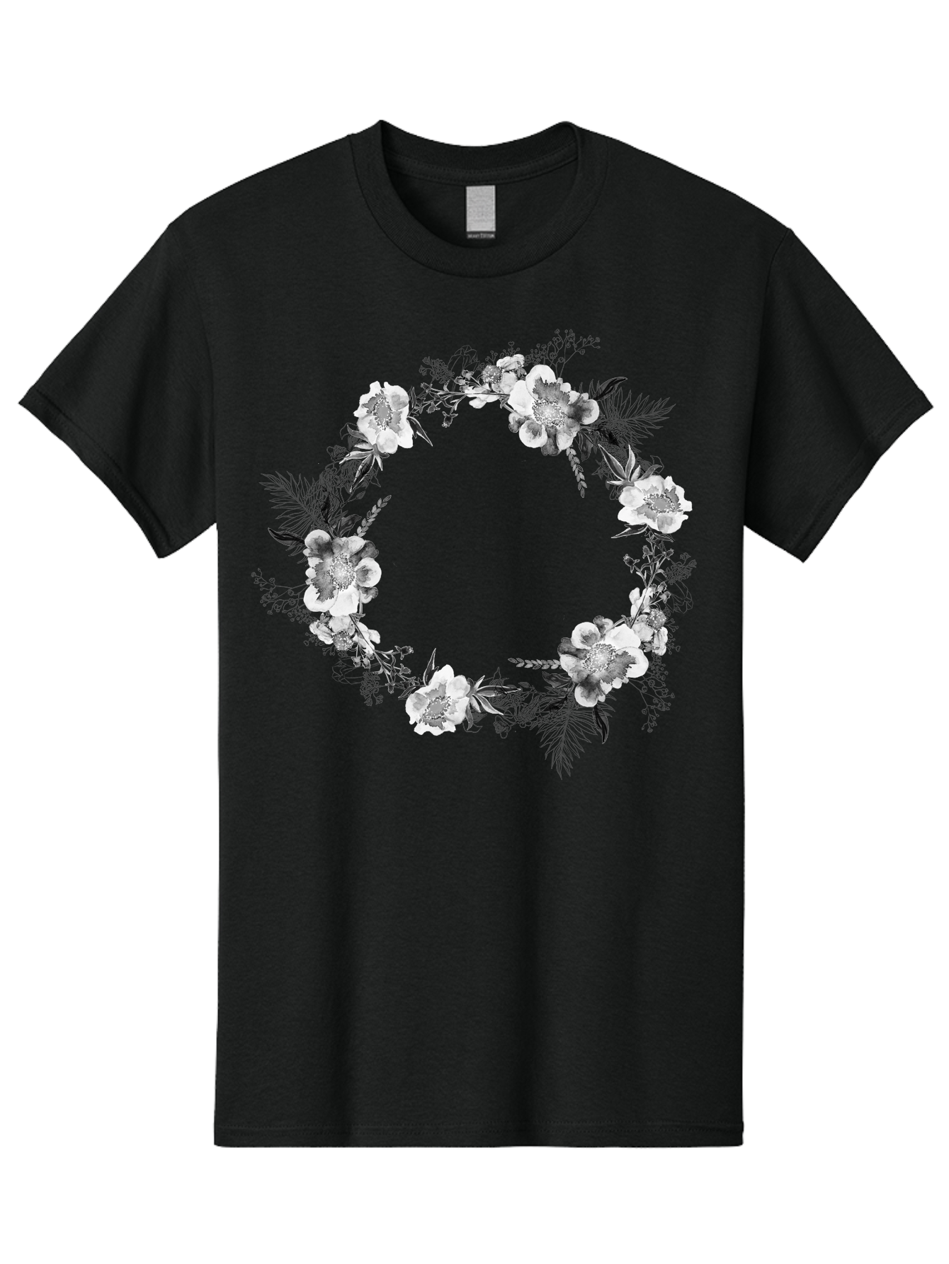 Floral-Wreath Men'S Graphic Tee, 100% Cotton, Comfortable Casual Summer Wear, Machine Washable, Floral Wreath, White Flowers, Black And White Flowers, Foliage, Leaves, Floral Arrangement, Circular Frame, Elegant Design, Delicate Petals, Aac311