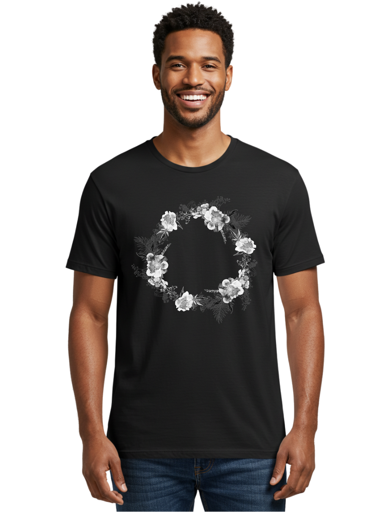 Floral-Wreath Men'S Graphic Tee, 100% Cotton, Comfortable Casual Summer Wear, Machine Washable, Floral Wreath, White Flowers, Black And White Flowers, Foliage, Leaves, Floral Arrangement, Circular Frame, Elegant Design, Delicate Petals, Aac311