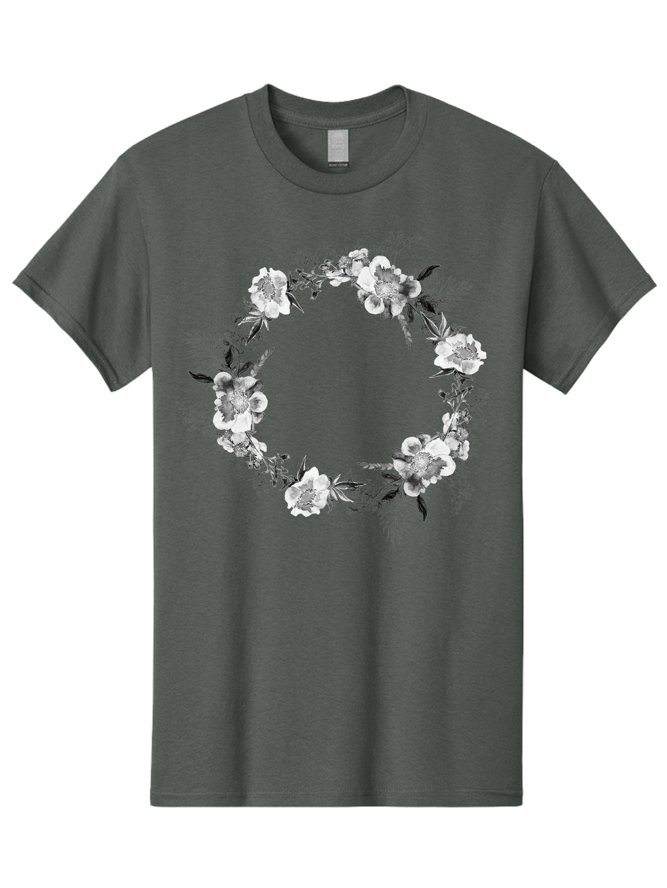 Floral-Wreath Men'S Graphic Tee, 100% Cotton, Comfortable Casual Summer Wear, Machine Washable, Floral Wreath, White Flowers, Black And White Flowers, Foliage, Leaves, Floral Arrangement, Circular Frame, Elegant Design, Delicate Petals, Aac311