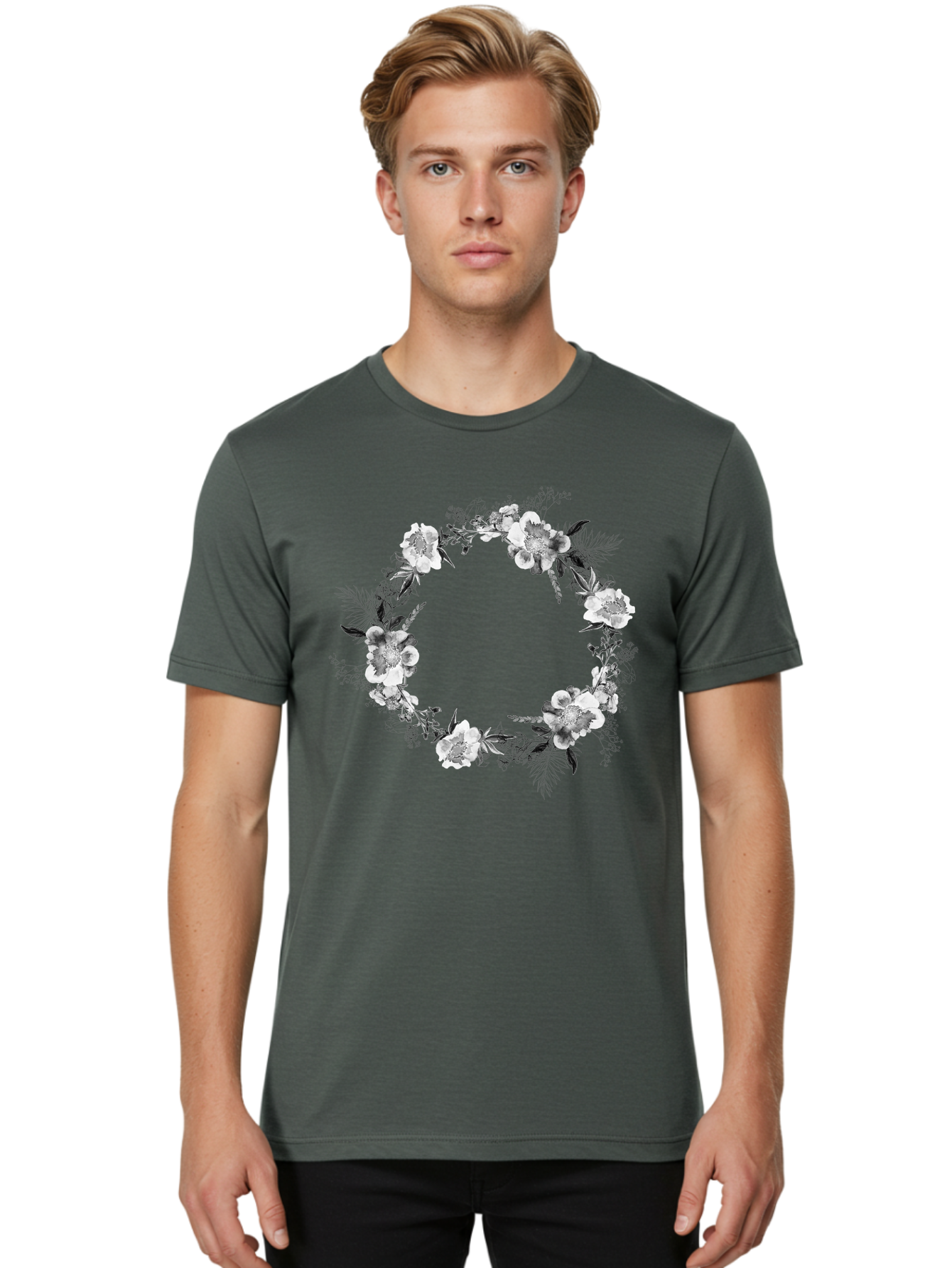 Floral-Wreath Men'S Graphic Tee, 100% Cotton, Comfortable Casual Summer Wear, Machine Washable, Floral Wreath, White Flowers, Black And White Flowers, Foliage, Leaves, Floral Arrangement, Circular Frame, Elegant Design, Delicate Petals, Aac311