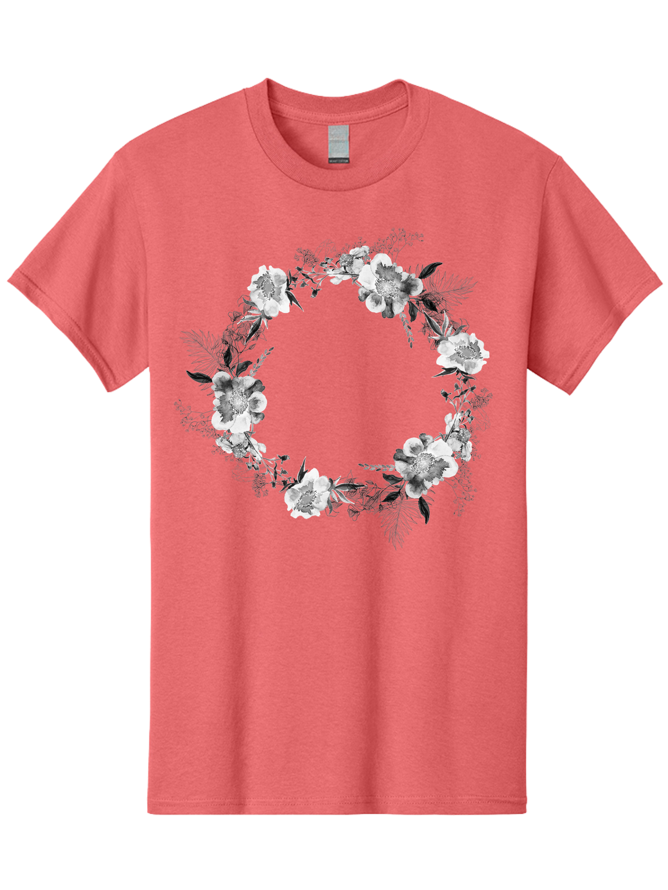 Floral-Wreath Men'S Graphic Tee, 100% Cotton, Comfortable Casual Summer Wear, Machine Washable, Floral Wreath, White Flowers, Black And White Flowers, Foliage, Leaves, Floral Arrangement, Circular Frame, Elegant Design, Delicate Petals, Aac311