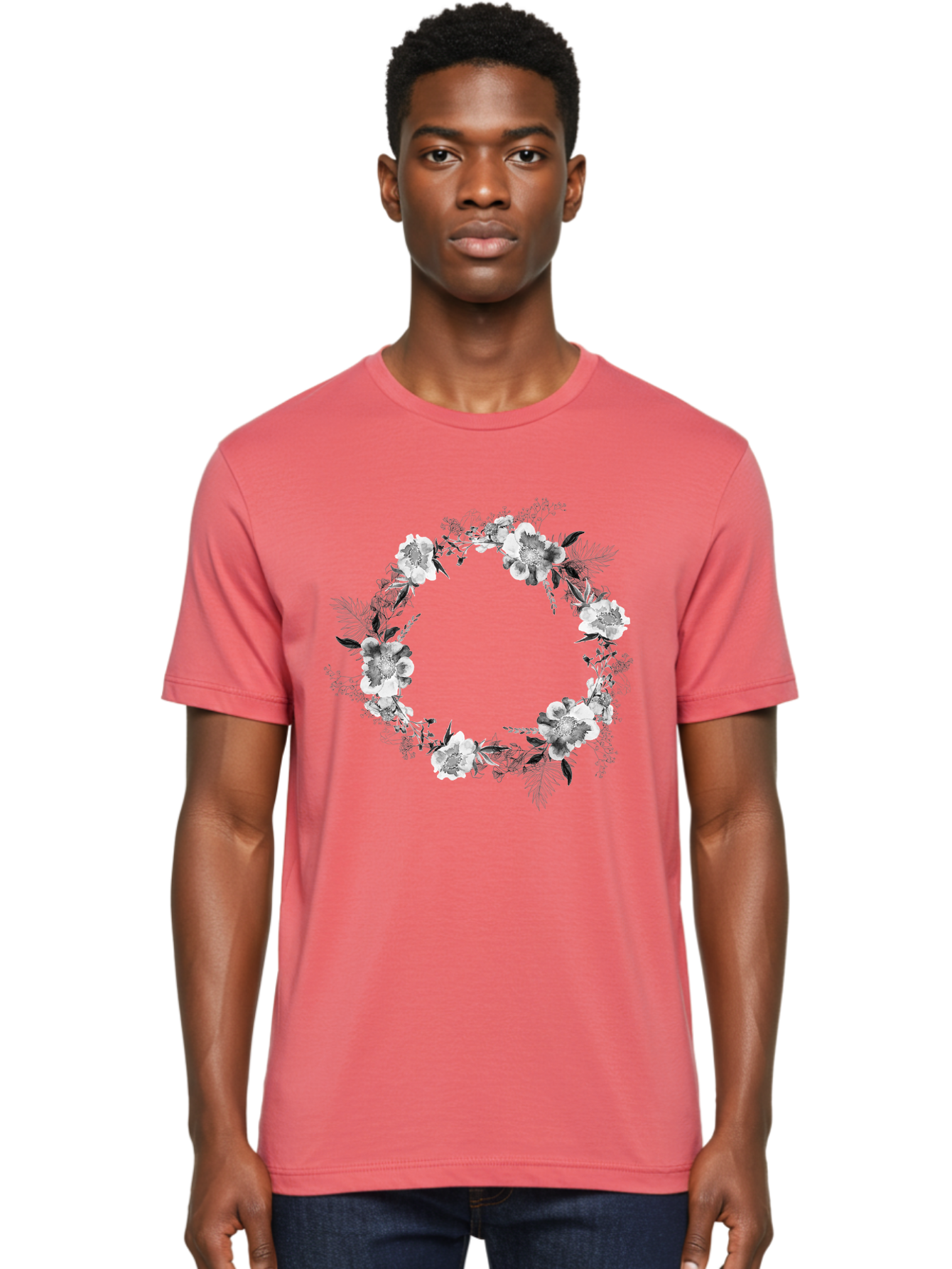 Floral-Wreath Men'S Graphic Tee, 100% Cotton, Comfortable Casual Summer Wear, Machine Washable, Floral Wreath, White Flowers, Black And White Flowers, Foliage, Leaves, Floral Arrangement, Circular Frame, Elegant Design, Delicate Petals, Aac311