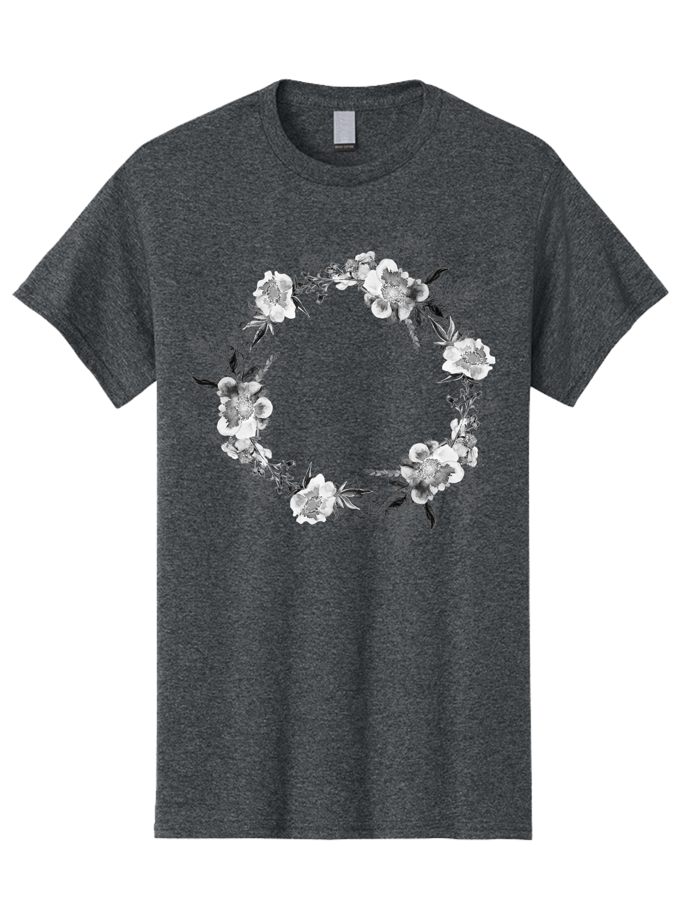 Floral-Wreath Men'S Graphic Tee, 100% Cotton, Comfortable Casual Summer Wear, Machine Washable, Floral Wreath, White Flowers, Black And White Flowers, Foliage, Leaves, Floral Arrangement, Circular Frame, Elegant Design, Delicate Petals, Aac311