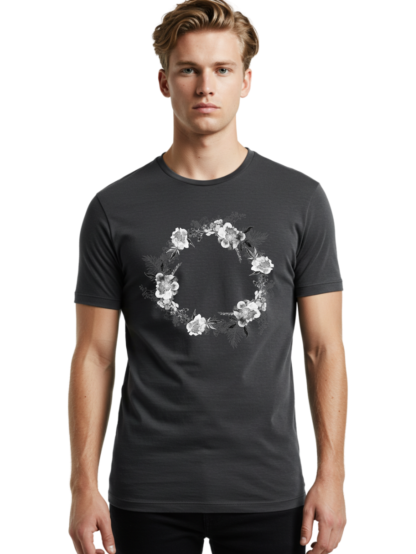 Floral-Wreath Men'S Graphic Tee, 100% Cotton, Comfortable Casual Summer Wear, Machine Washable, Floral Wreath, White Flowers, Black And White Flowers, Foliage, Leaves, Floral Arrangement, Circular Frame, Elegant Design, Delicate Petals, Aac311