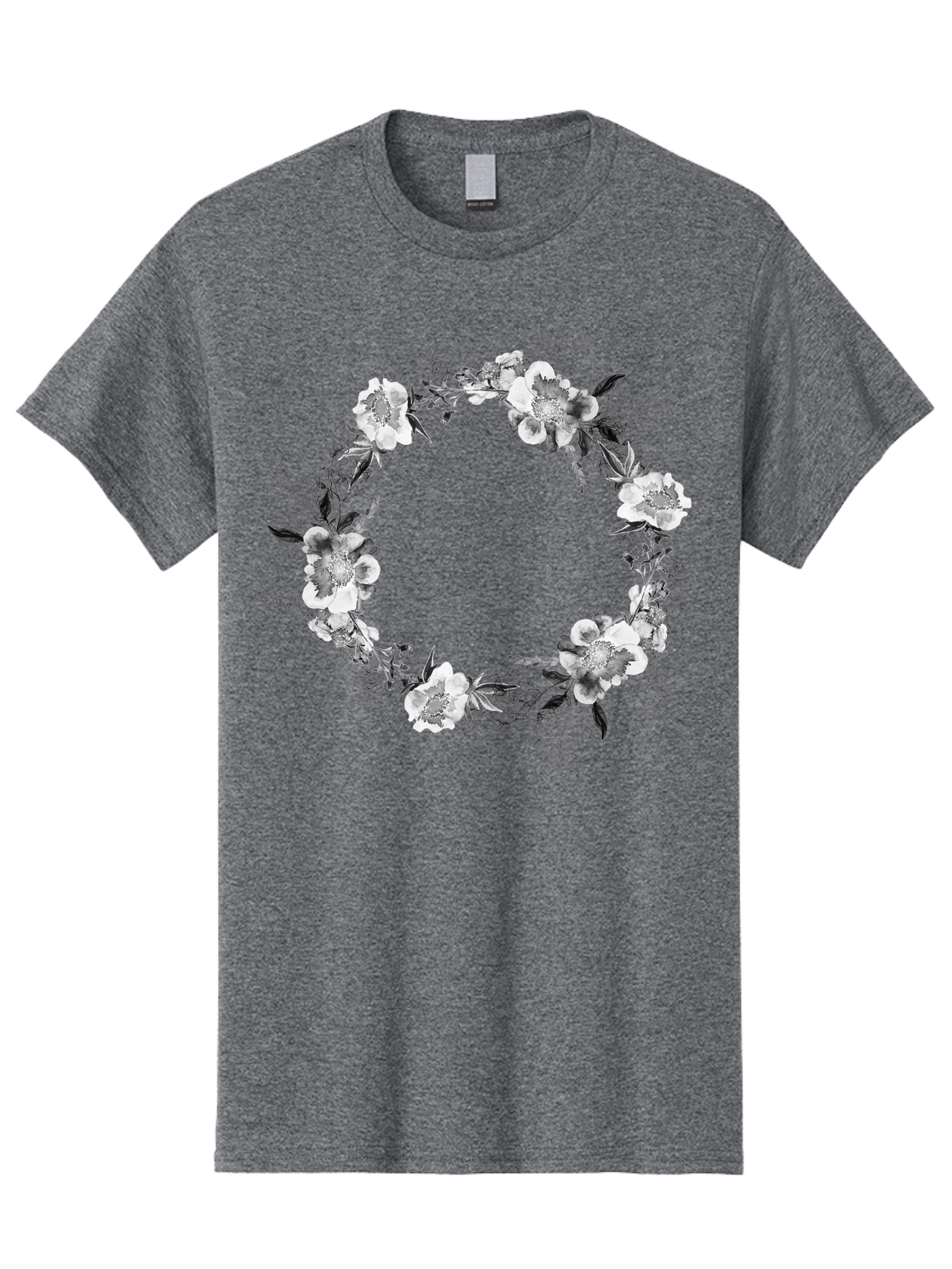 Floral-Wreath Men'S Graphic Tee, 100% Cotton, Comfortable Casual Summer Wear, Machine Washable, Floral Wreath, White Flowers, Black And White Flowers, Foliage, Leaves, Floral Arrangement, Circular Frame, Elegant Design, Delicate Petals, Aac311